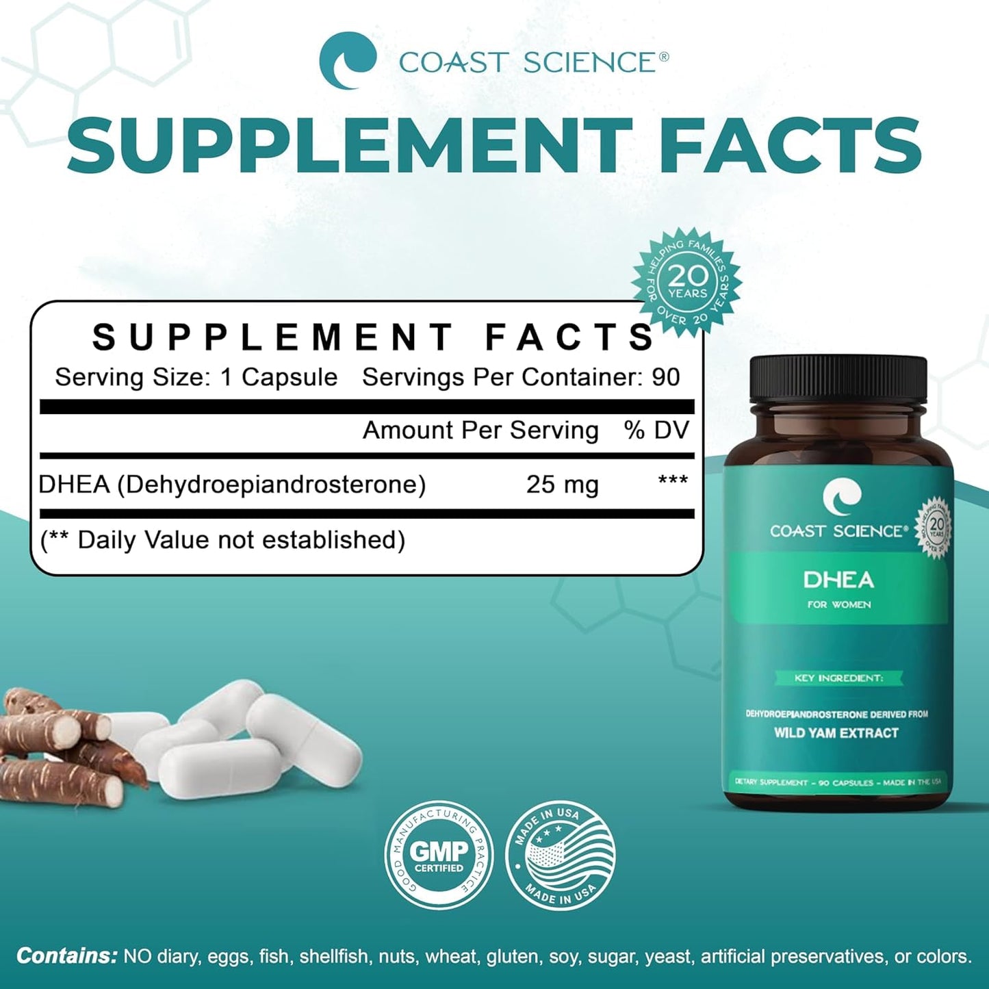 Coast Science DHEA Supplement for Women 25mg Capsule, 1 Count