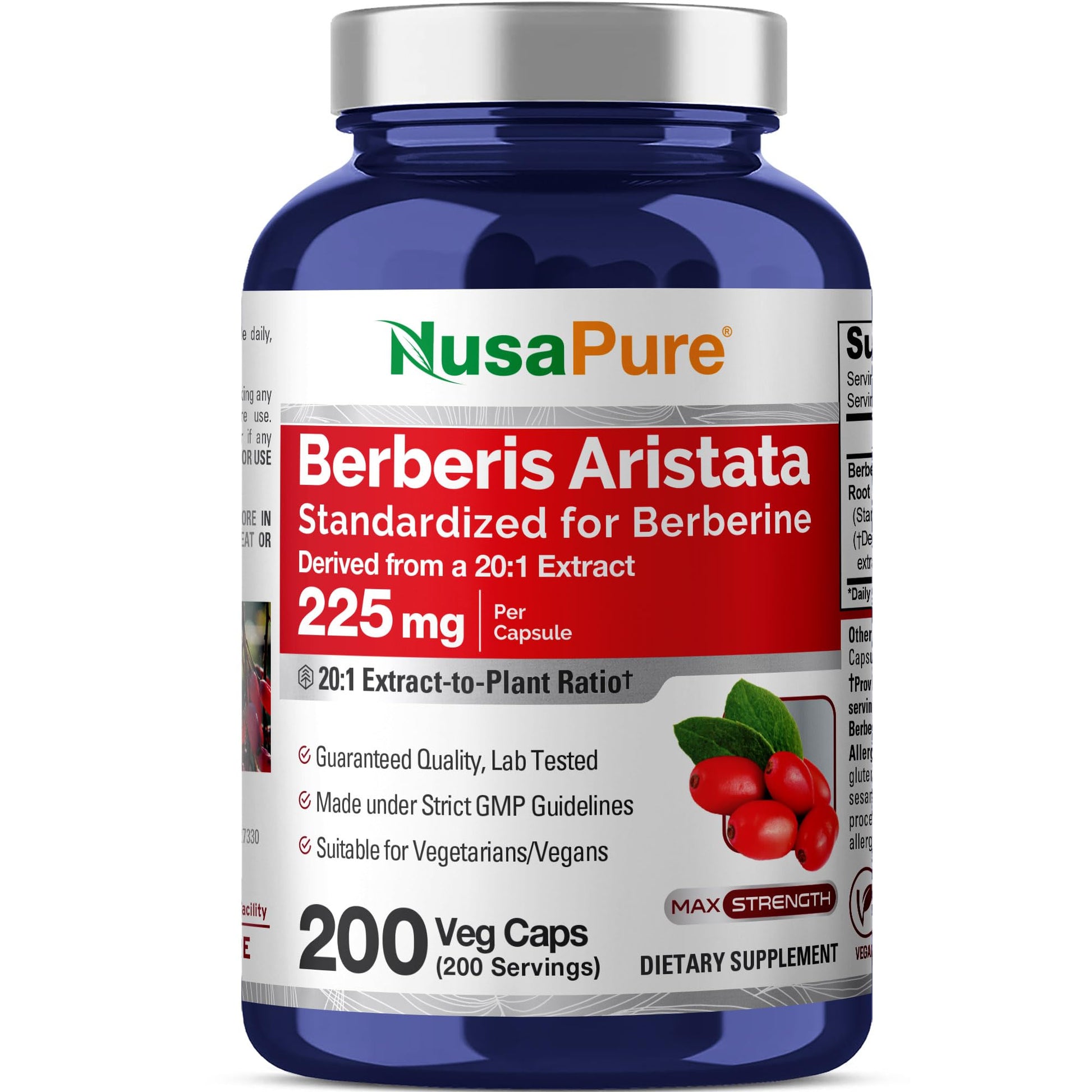NusaPure Berberine HCI Capsules, 225 mg, 200 Count