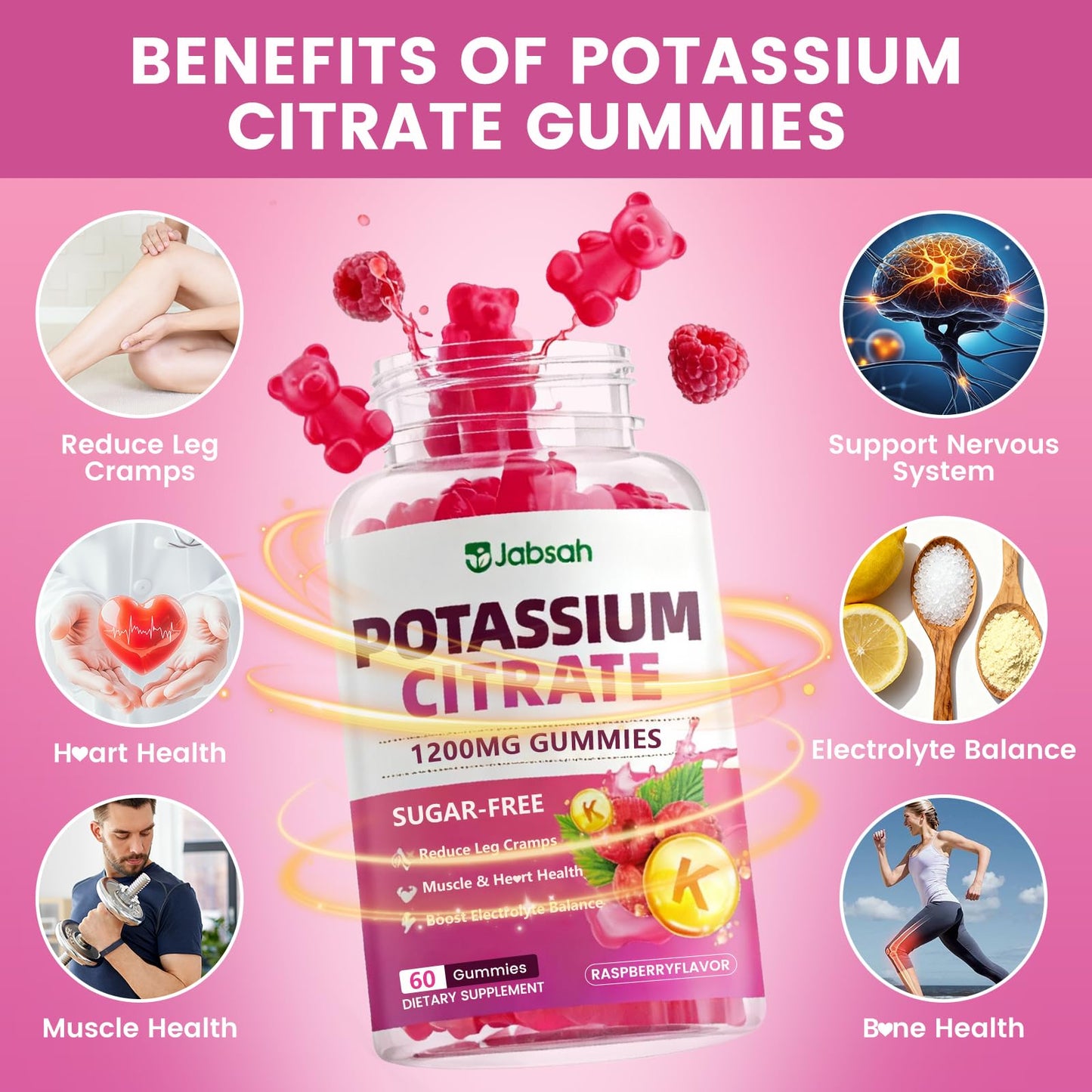 Jabsah Potassium Citrate Gummies 1200mg, Sugar-Free Potassium Supplement, Raspberry Flavor, Vegan, Gluten Free, for Adults, Women & Men, 60 Gummies