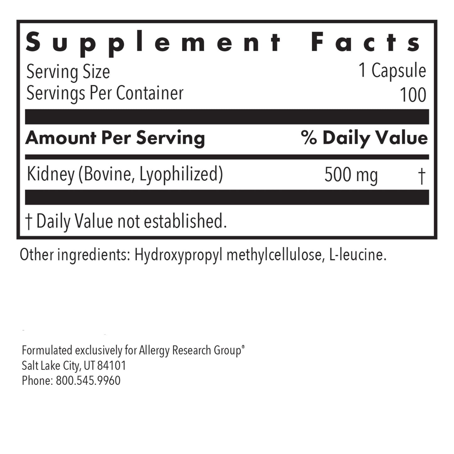 Allergy Research Group Kidney Beef Kidney Glandular Supplement Capsule 100 Vegicaps