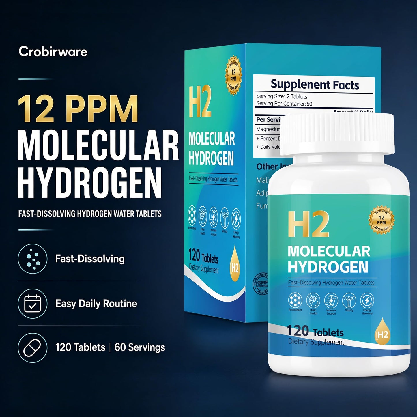 Crobirware Molecular Hydrogen Water Tablets, 120 Count