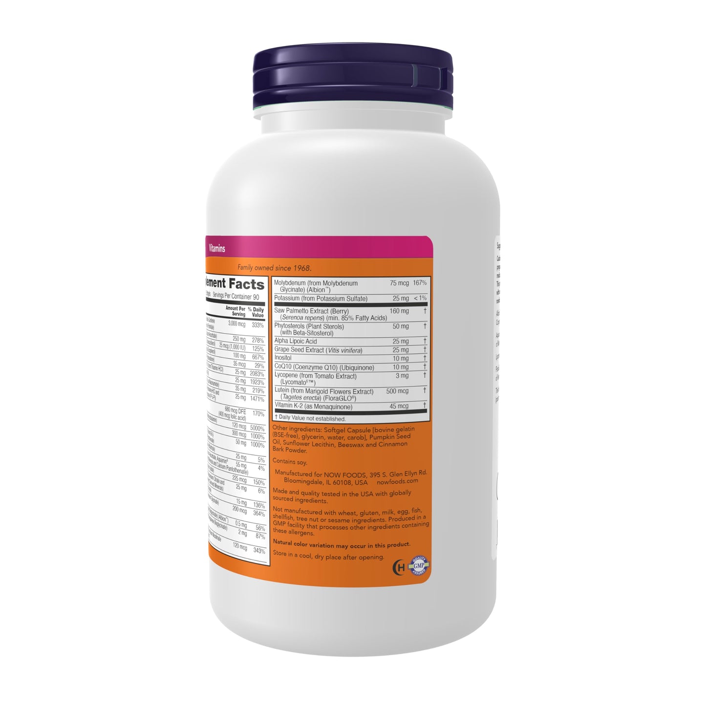 NOW Foods ADAM Men's Multivitamin with Saw Palmetto, Plant Sterols, Lycopene & CoQ10 Softgels 180
