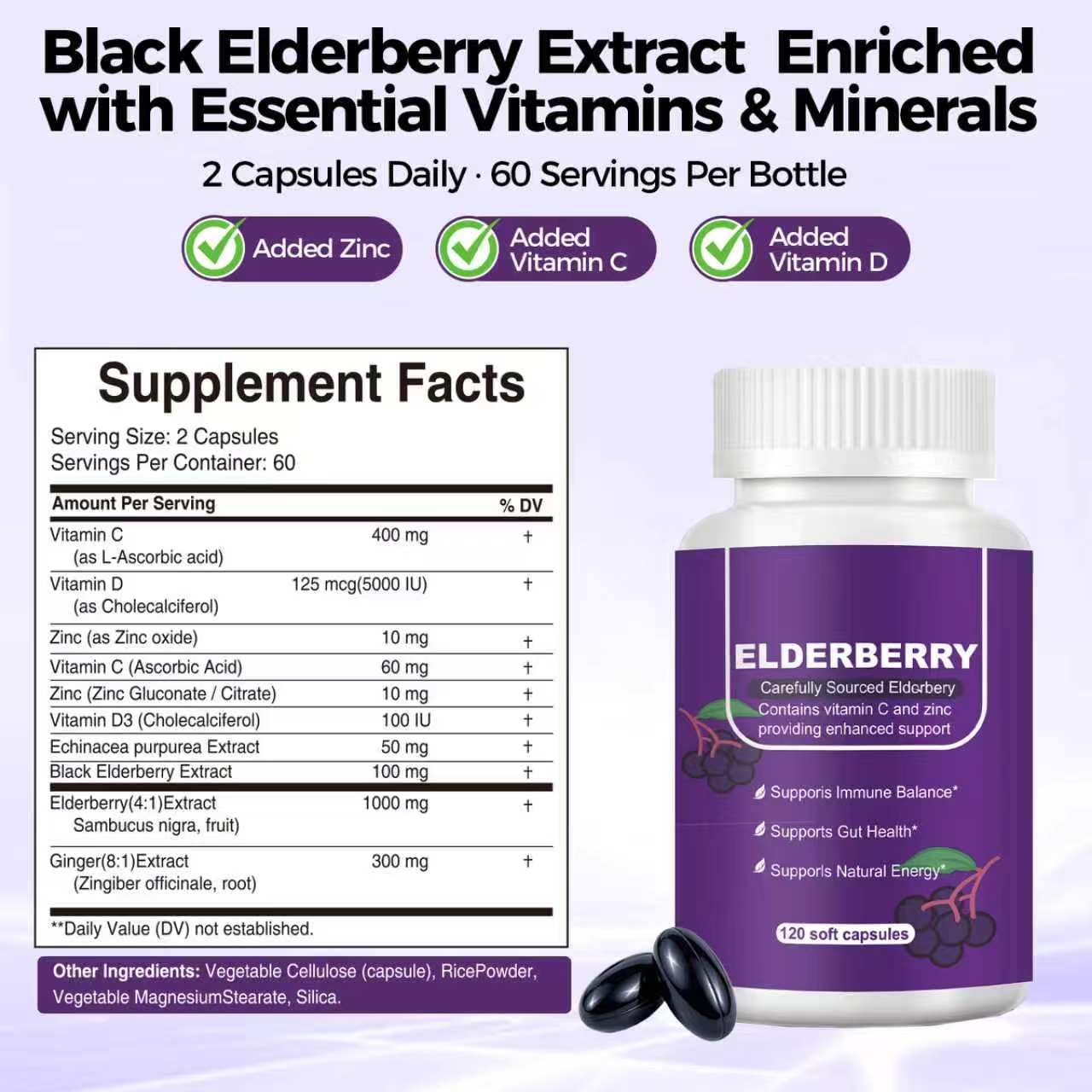 Nakiny Black Elderberry Immune & Gut Support Complex - 2-in-1 Daily Defense with Zinc, Vitamin C, D3 & Echinacea Softgels, 120 Count