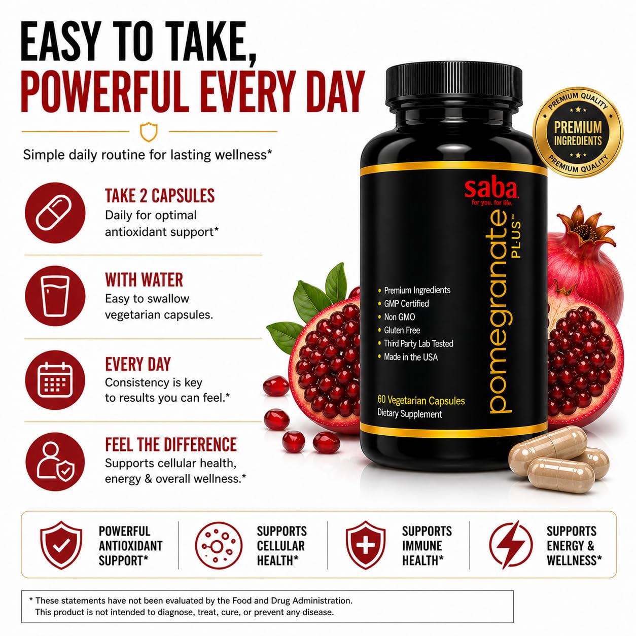 Saba Pomegranate Plus Astaxanthin Supplement with AstaReal & Pomegranate Extract 60 Capsules