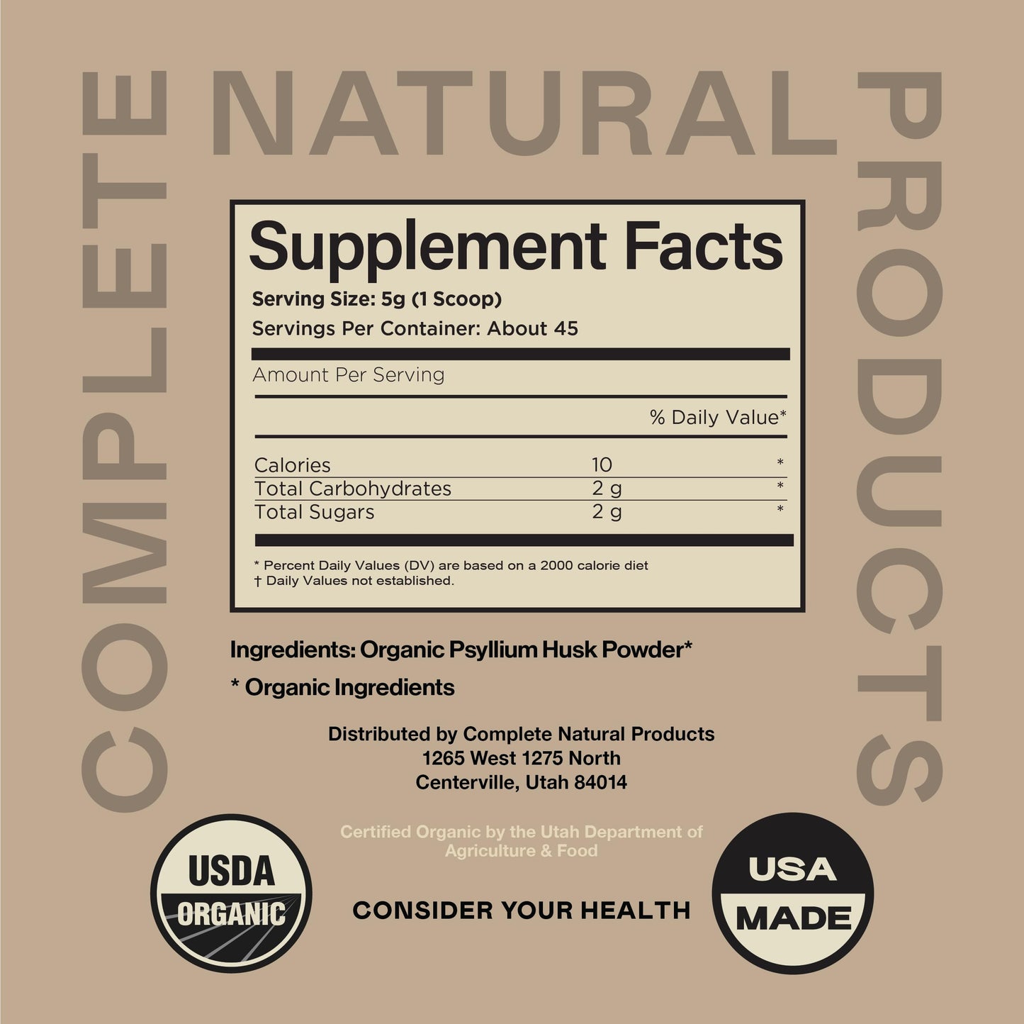 Complete Natural Products Organic Psyllium Husk Powder & Fiber Supplement Bulk Pure Organic Whole Unflavored Psyllium Seed, 8 Ounce