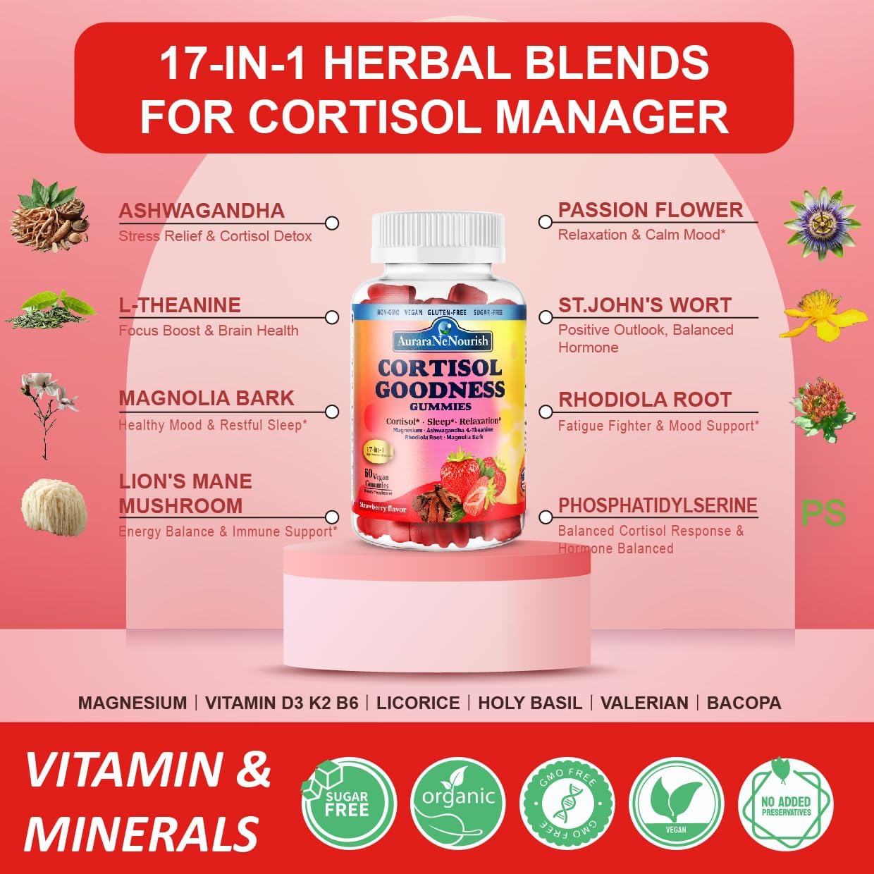 AuraraNeNourish Cortisol Supplements Gummies 60 Count