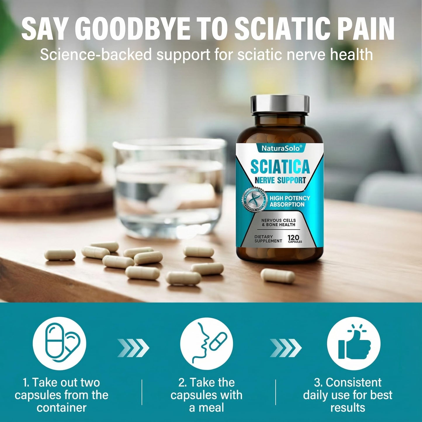 NaturaSolo Sciatic Nerve & Neuropathy Support - Nerve Savior for Neuropathy and Sciatica & Peripheral Neuropathy, 120 Capsules