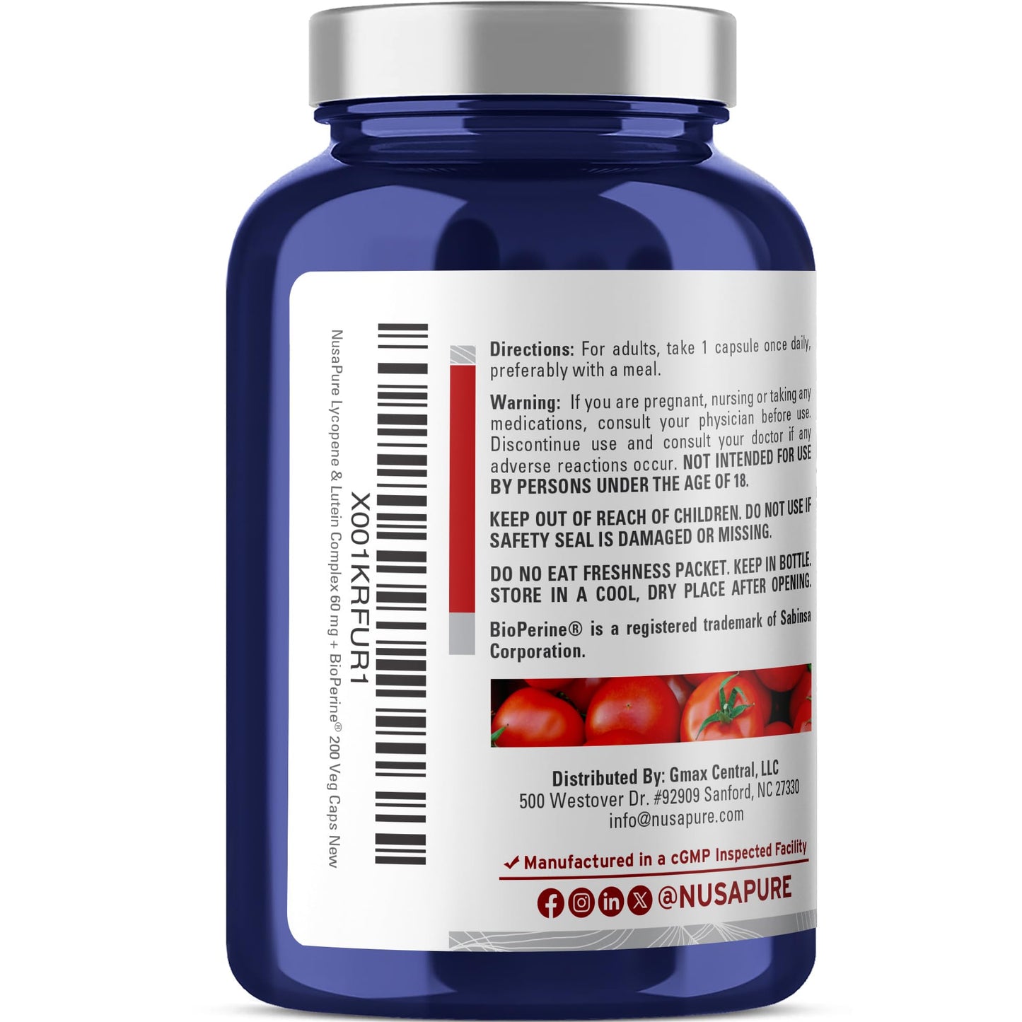 NusaPure Lycopene & Lutein Complex 60mg per Capsule, 200 Veggie Capsules