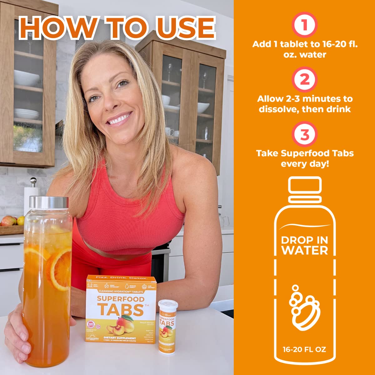 Superfood Tabs Superfood Effervescent Drink Tablets with 15 Superfoods - Supports Digestion & Energy - Peach Mango, 60 Tablets