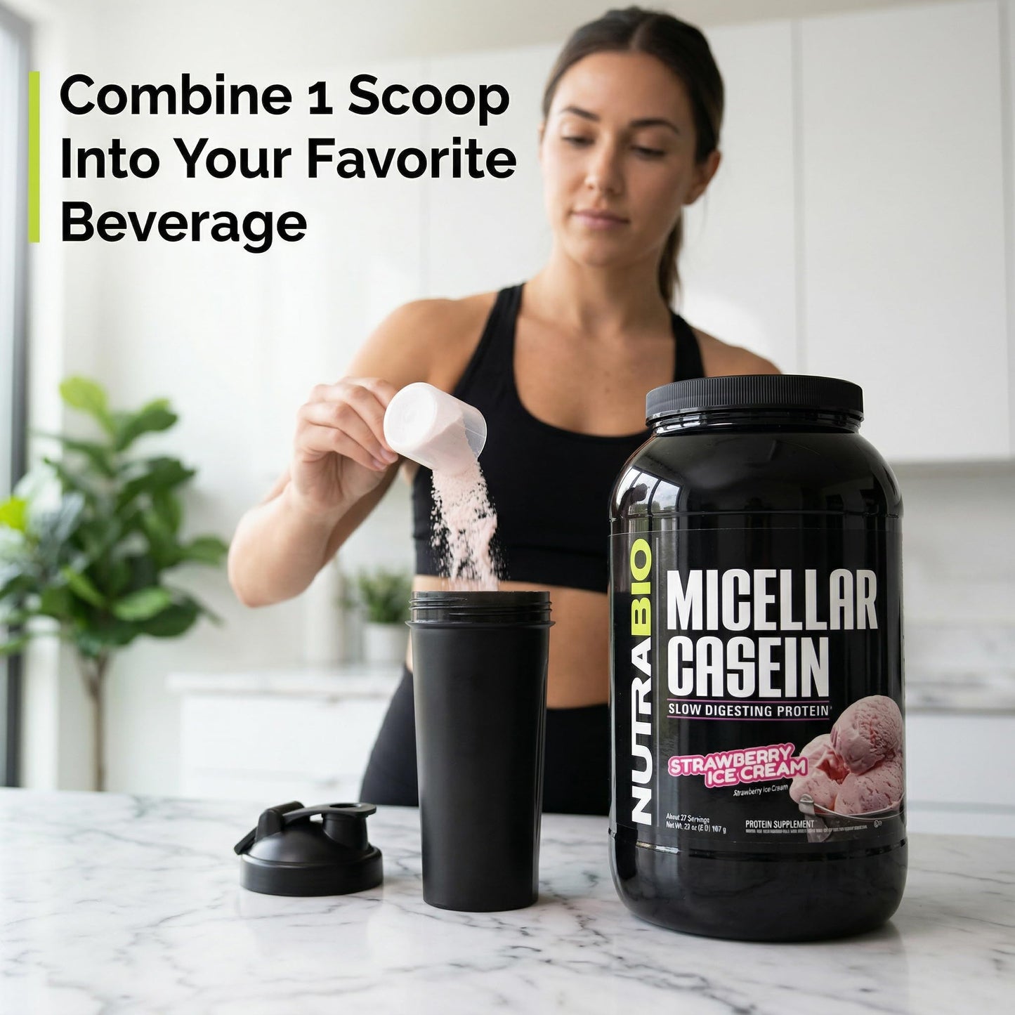NutraBio Micellar Casein Protein Powder, Strawberry Ice Cream, 32 Servings