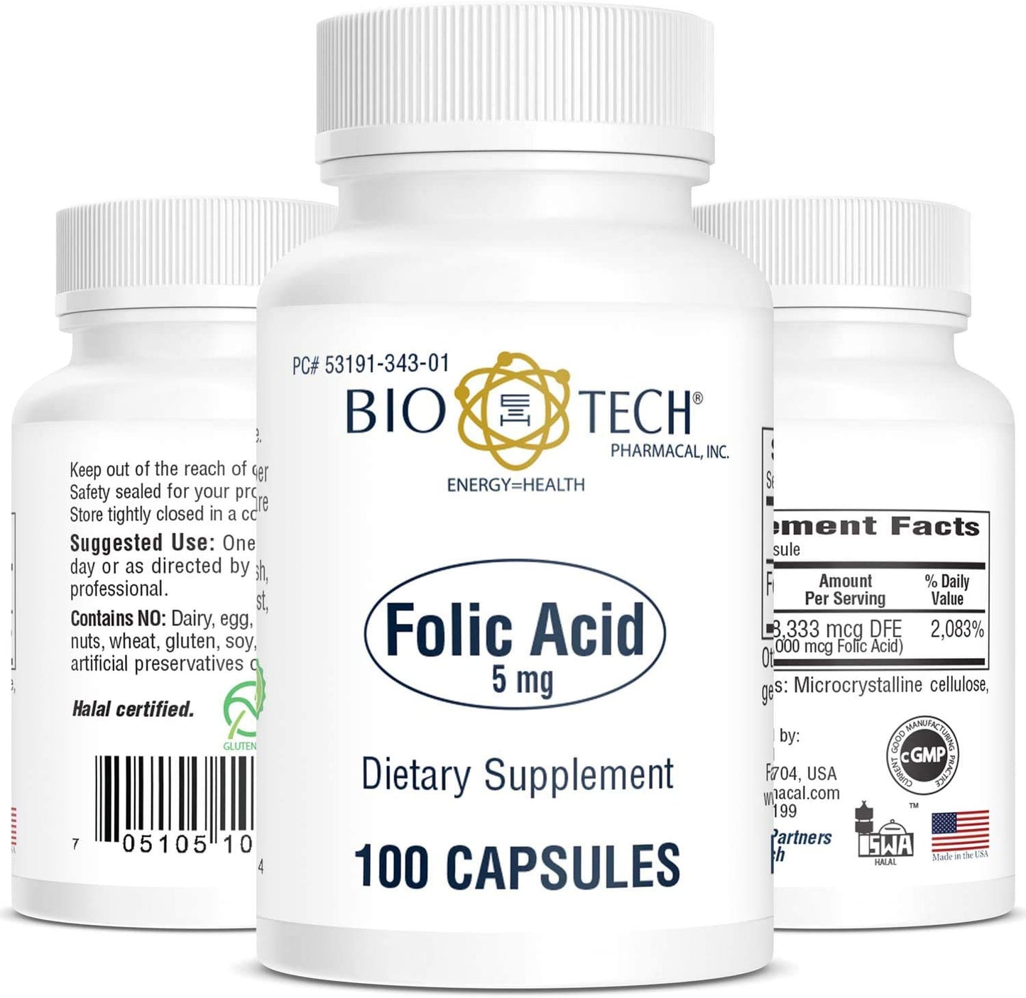 Bio-Tech Pharmacal Folic Acid 5mg Capsules, 100 Capsules