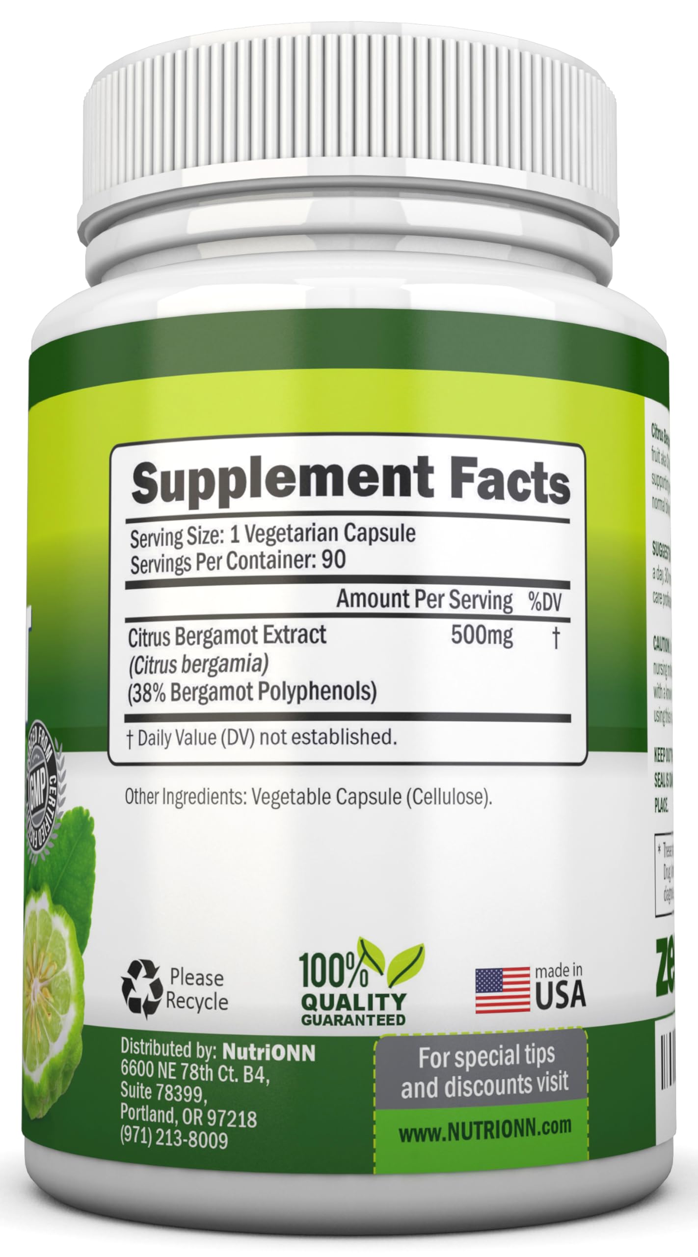 NutriONN Citrus Bergamot 500 mg Capsules 90 Count