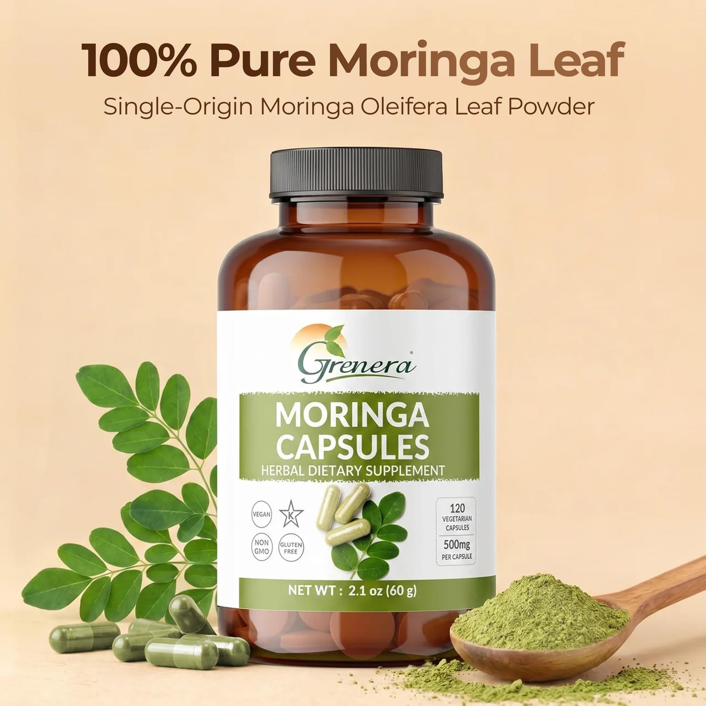 Grenera Moringa Capsules 500mg Moringa Oleifera Leaf Powder, Capsule, 120 Count