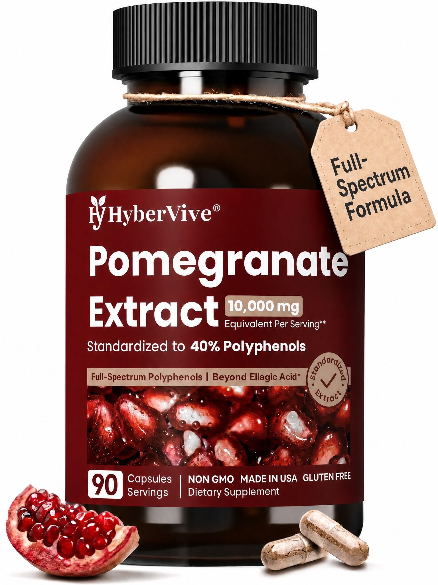 HyberVive Extra Strength Pomegranate Extract 20:1 – Standardized to ≥40% Polyphenols with Ellagic Acid, 500mg Full-Spectrum Peel Extract, Circulation & Vascular Support Capsules, 90 Count