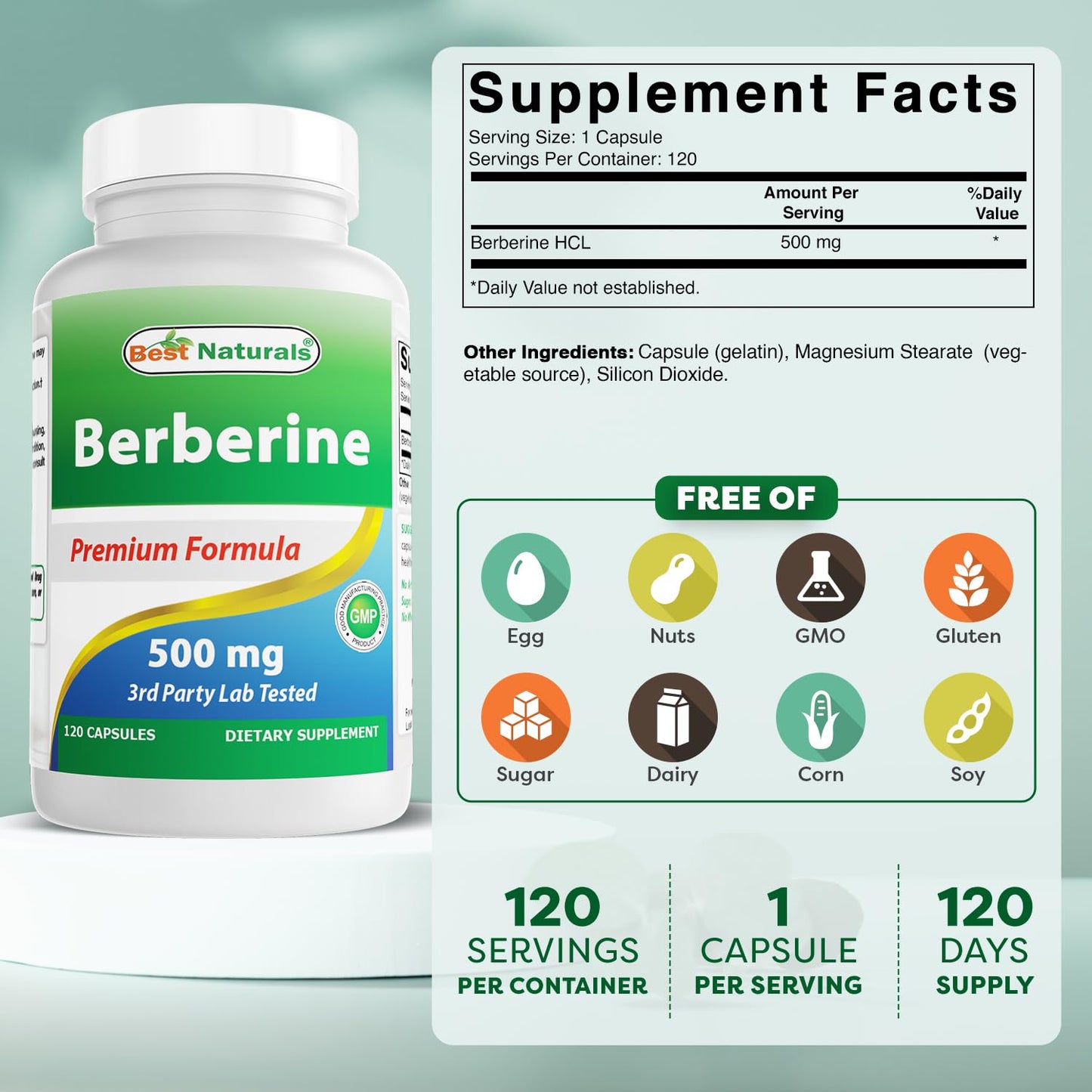 Best Naturals Berberine 500mg Capsule, 120 Capsules