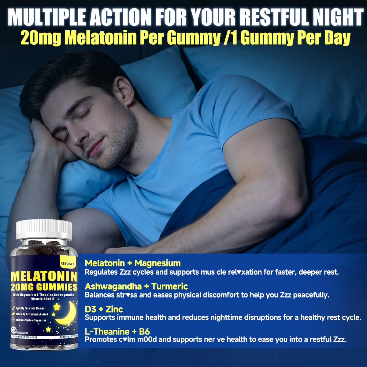 Ceecisee Melatonin Gummies 20mg Extra Strength 11-In-1 with Ashwagandha Magnesium L-Theanine Chamomile Vitamin B6 B12, Sugar Free Vegan 120 Gummies