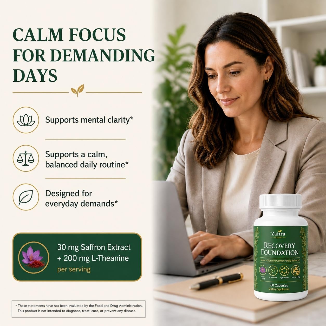 SHIADA Zafira Organics Recovery Foundation Saffron Extract & Myo-Inositol Supplement for Mood Support, Mental Clarity, Hair Health & Digestive Comfort with L-Theanine, Ginger & Magnesium, 60 Capsules