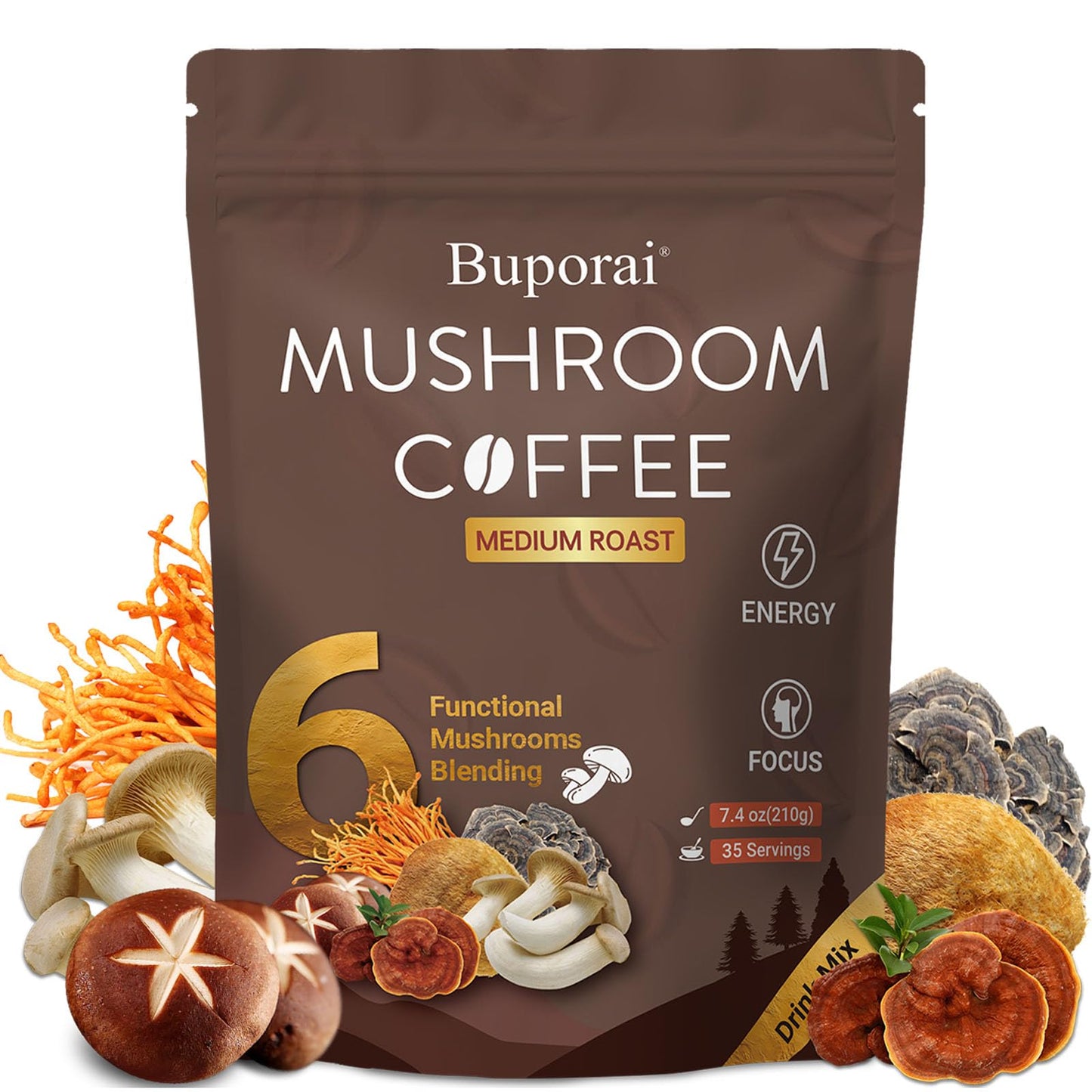 Buporai Mushroom Coffee, Instant Organic 6-Mushroom Blend (Lion’s Mane, Cordyceps, Turkey Tail) for Energy, Focus, Digestion, Immunity Powder 7.4 Ounce