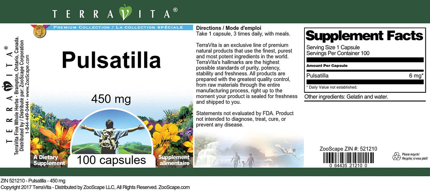 Terravita Pulsatilla 450 mg Capsules, 100 Count