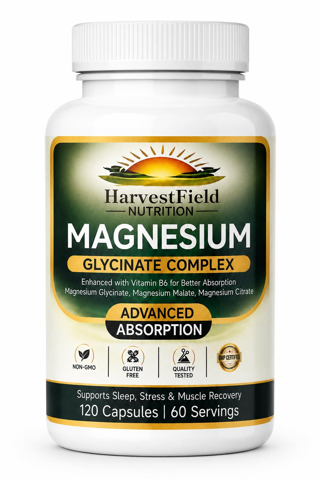 HarvestField Nutrition Magnesium Glycinate Complex Supplement with Vitamin B6, 120 Capsules