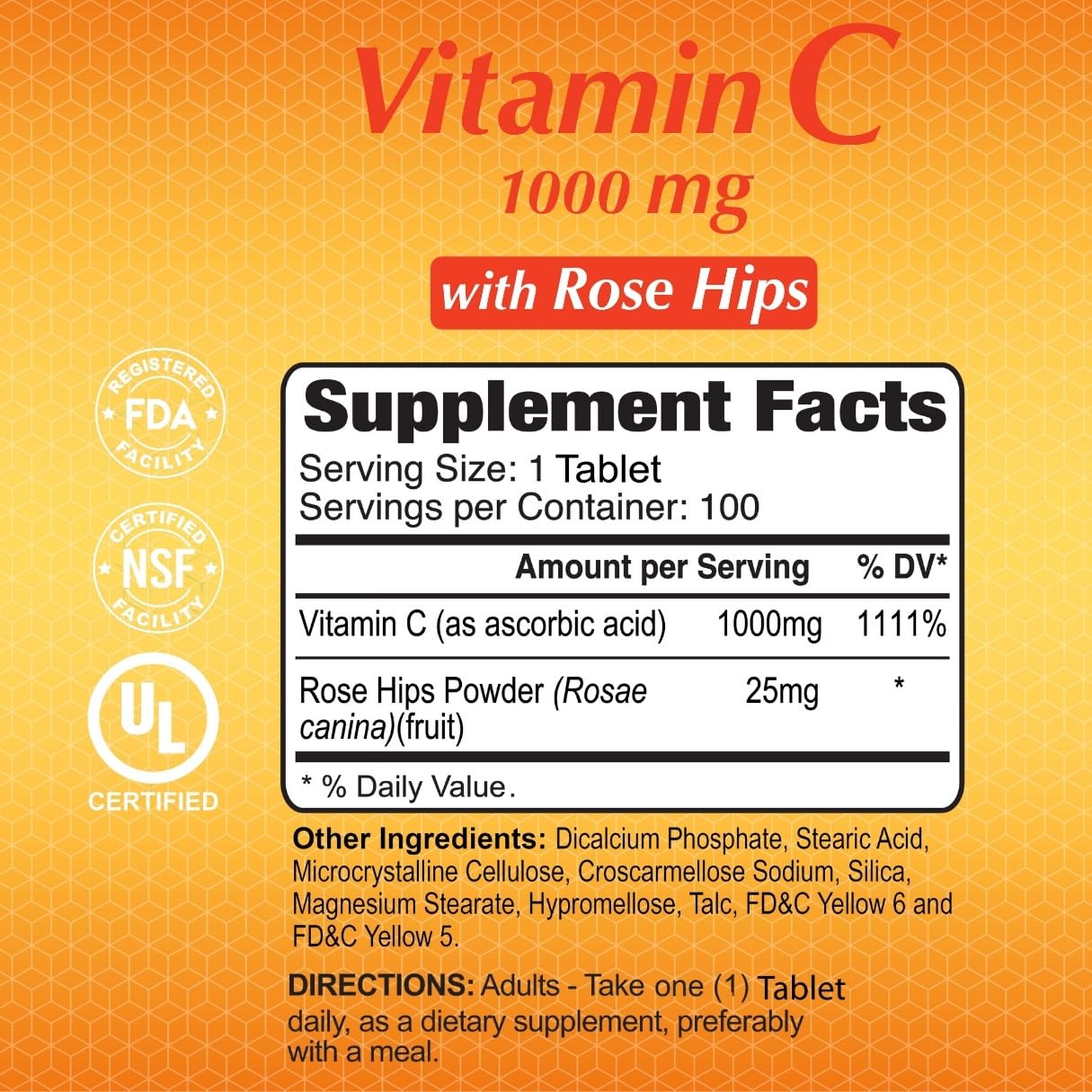 ALFA VITAMINS Vitamin C with Rose Hips 1000 mg Vitamin C per Serving Tablet, 100 Tablets