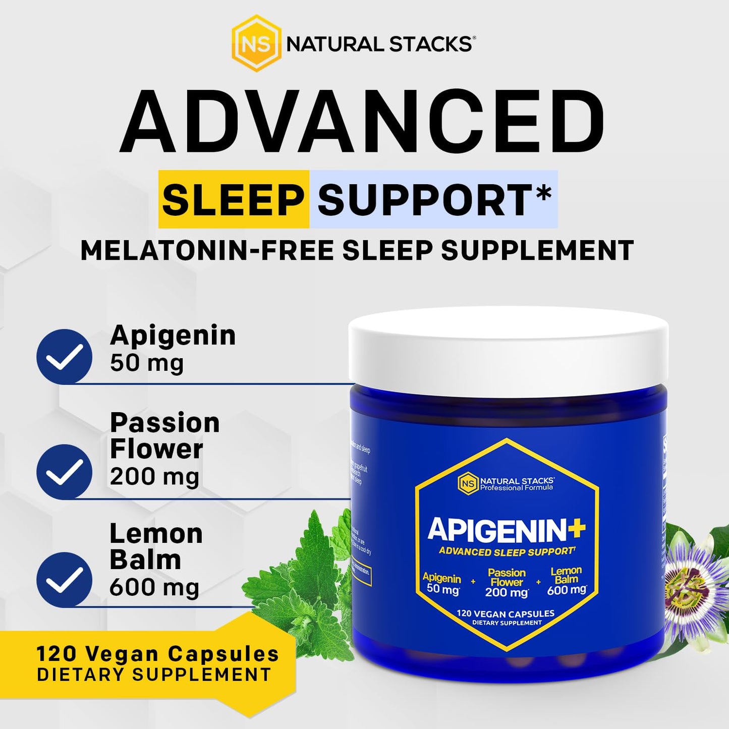 Natural Stacks Apigenin Sleep Supplement - 50mg Apigenin & 600mg Lemon Balm, Melatonin-Free Sleep Aid with Passion Flower Extract for Stress Support, 120 Capsules