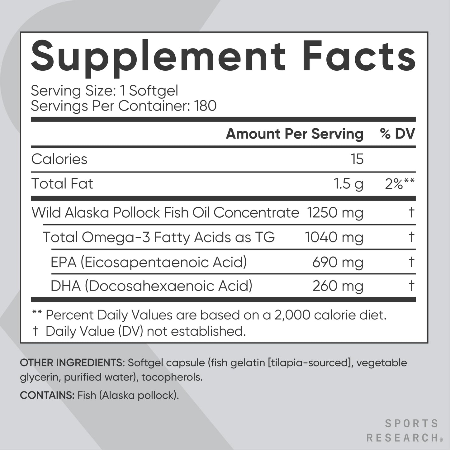 Sports Research Omega-3 Fish Oil 1250mg Softgels 180 Count