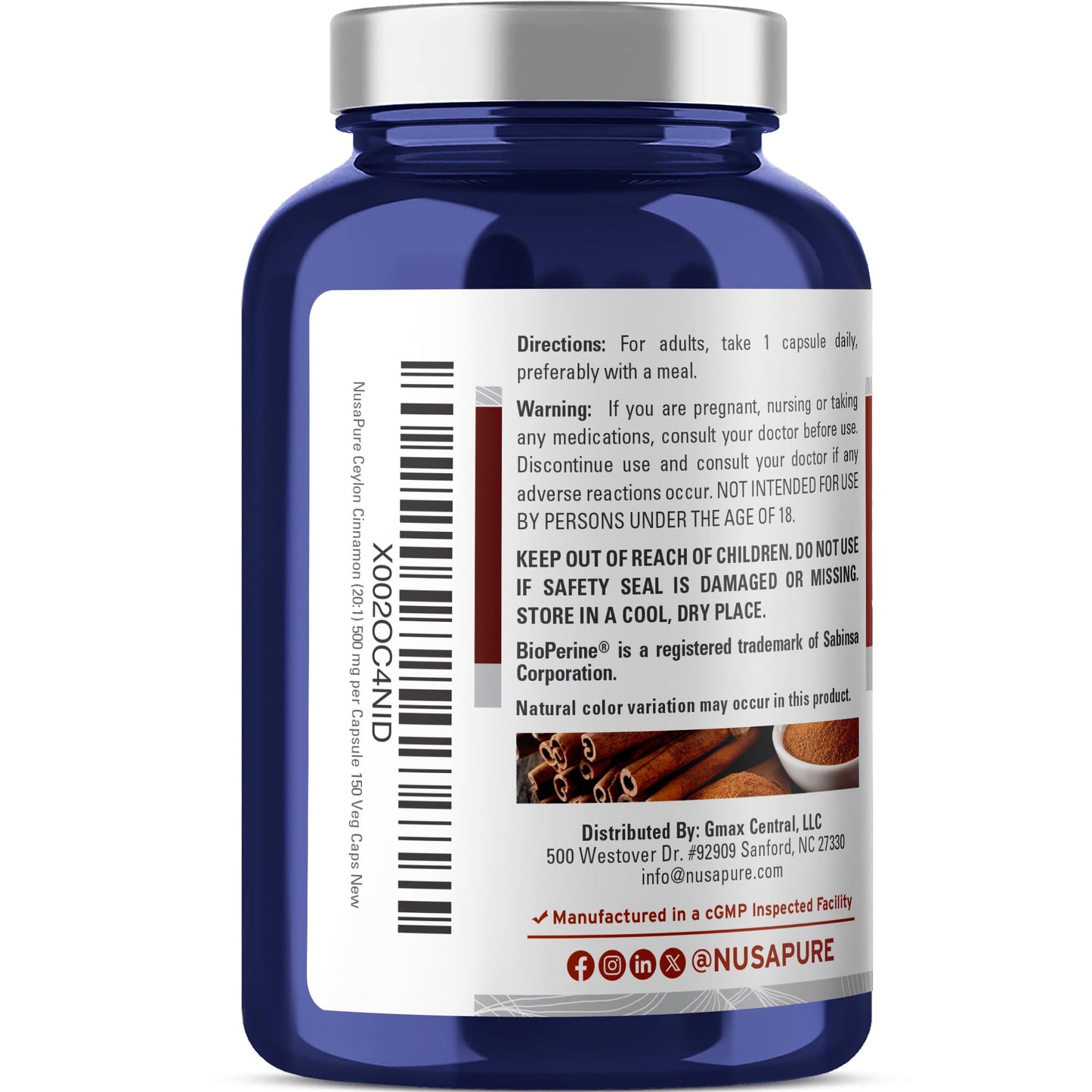 NusaPure Ceylon Cinnamon 500mg Capsules, 150 Count