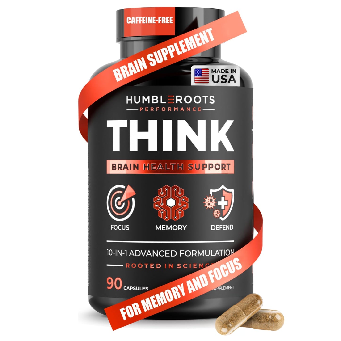 HUMBLEROOTS PERFORMANCE All-Natural Brain Supplement for Memory and Focus - Caffeine-Free Long-Term Cognitive Support - 10 Nootropic Ingredients Including Lion’s Mane, Bacopa, Turmeric, Ginkgo & Huperzine A, Capsules, 90 Count