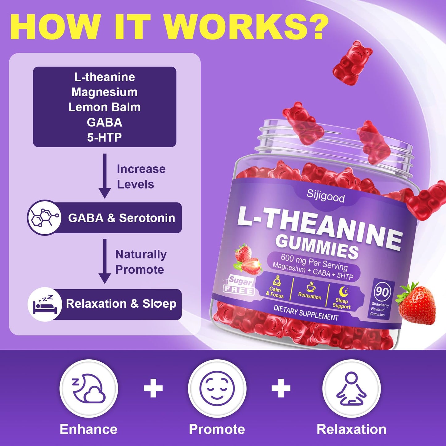 Sijigood L-Theanine Gummies for Kids & Adults (90 Count)