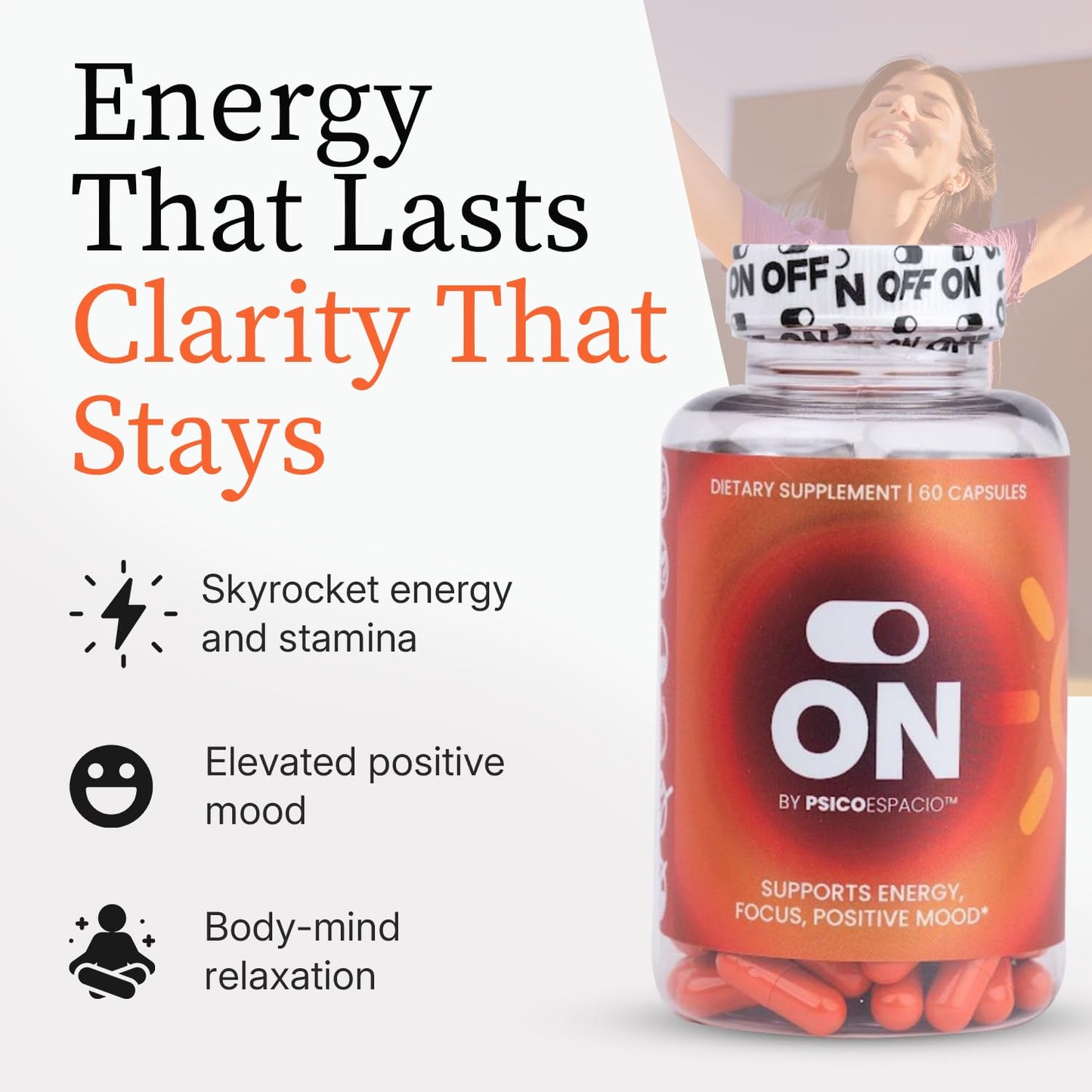 ON BY PSICOESPACIO All day Energy Pills for Adults Natural Energy Supplement Supports Energy, Focus and Positive Mood Capsules 60 Count