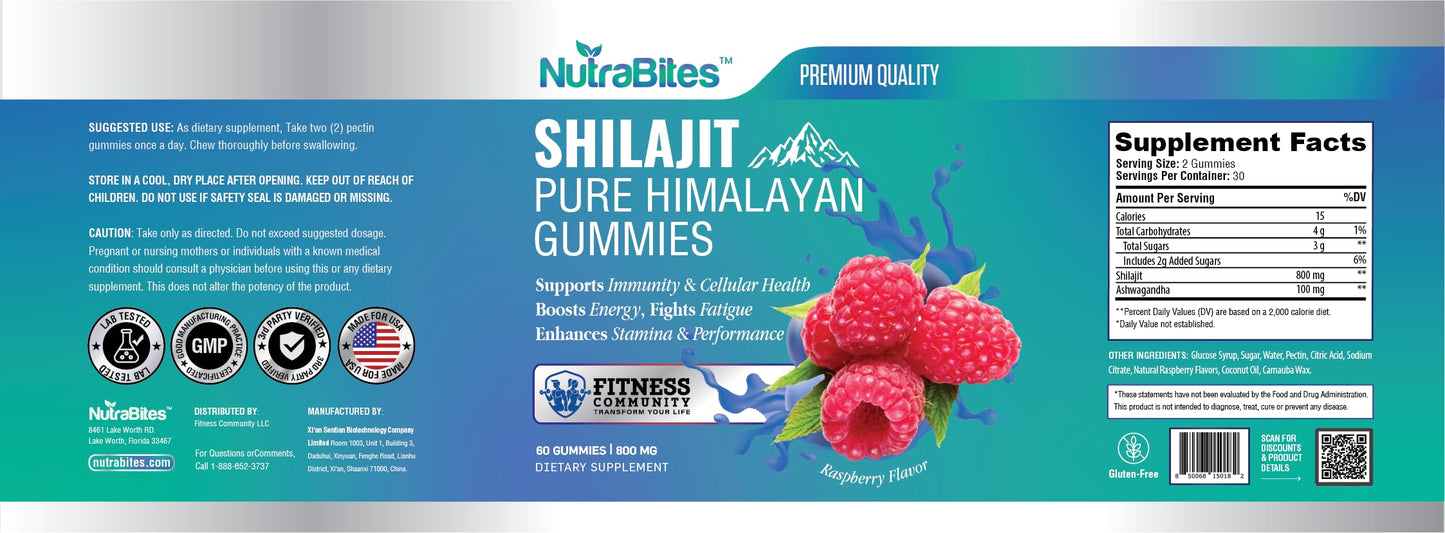 NutraBites Shilajit Gummies with Ashwagandha – Energy, Stamina & Performance Support, 800mg Shilajit, Fulvic Acid, Male Vitality, Vegan Raspberry Flavor, 60 Gummies