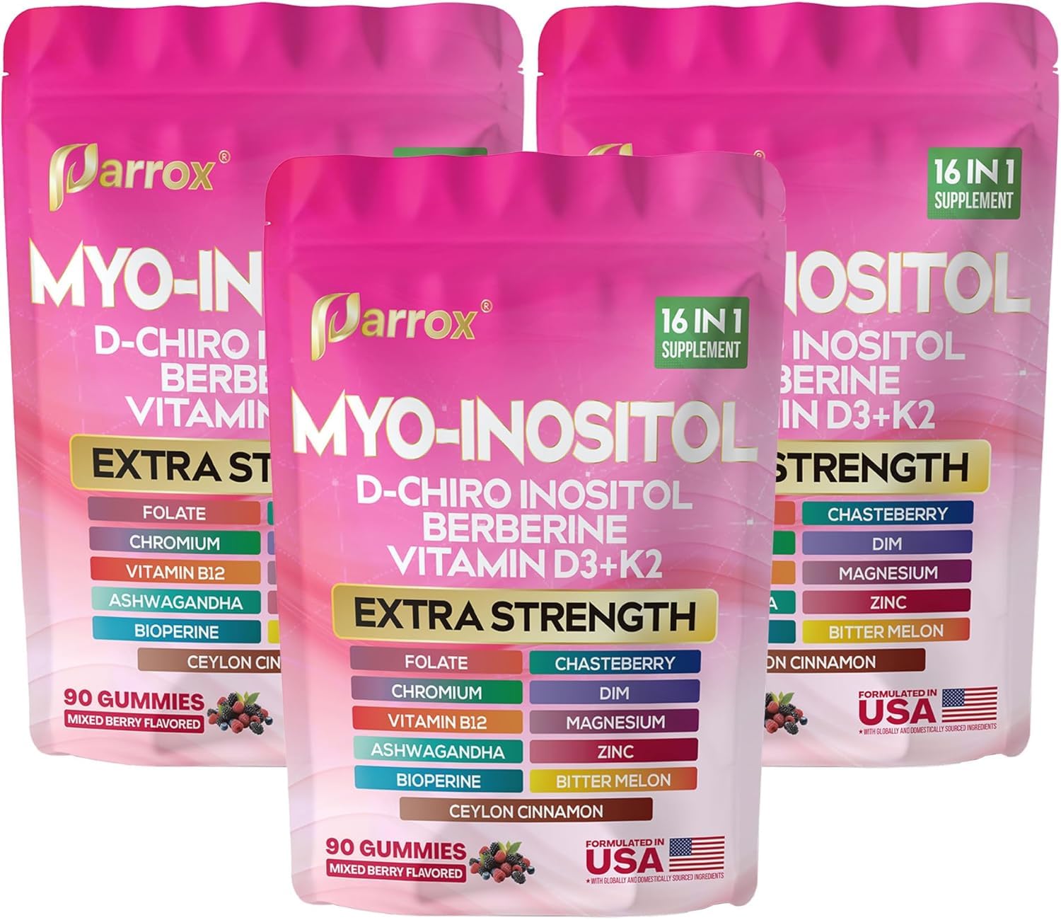 Parrox Myo-Inositol & D-Chiro Inositol Gummies, Berberine, Mixed Berry, 270 Gummies