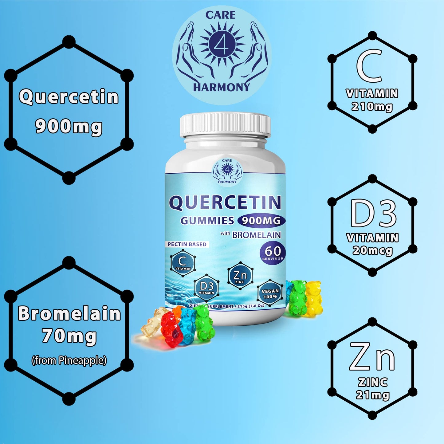CARE 4 HARMONY Quercetin Gummies with Bromelain, Vitamin C, Zinc & Vitamin D3, 900mg Quercetin, 120 Gummies