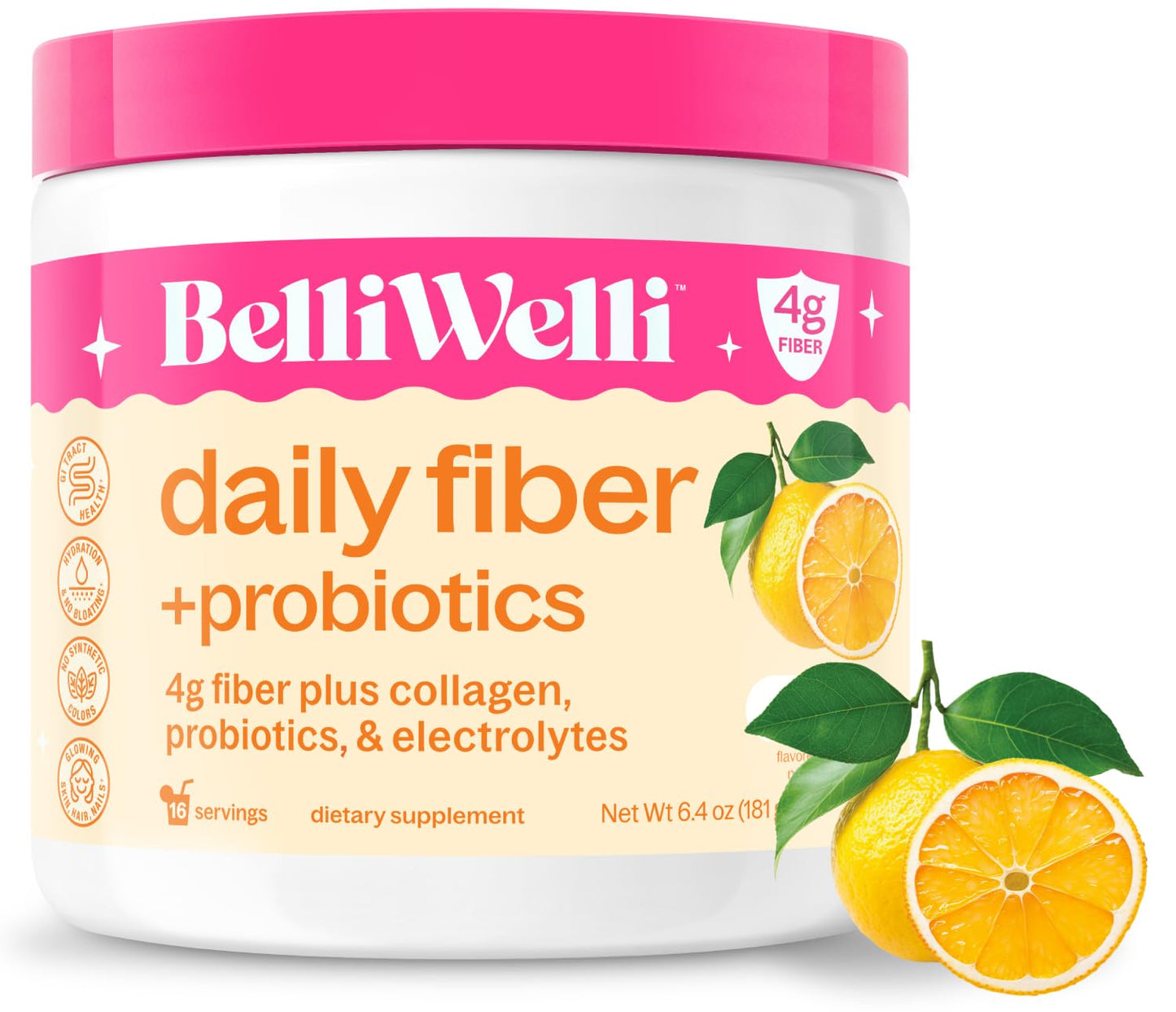 Belli Welli Fiber Supplement Powder for Women & Men 6.4 Ounce - Organic Acacia with Collagen, Electrolytes & Probiotics (Yuzu Mandarin)