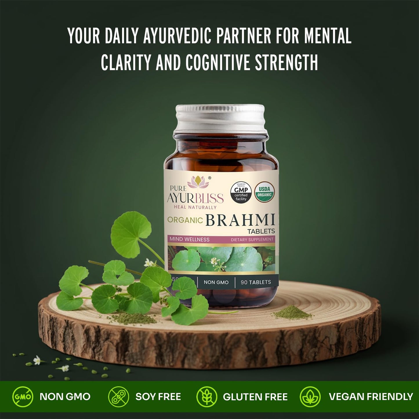 PureAyurbliss 100% Organic Brahmi with Bacopa monnieri Extract, Ayurvedic Cognitive Support for Memory, Focus, and Mental Clarity, 90 Tablets