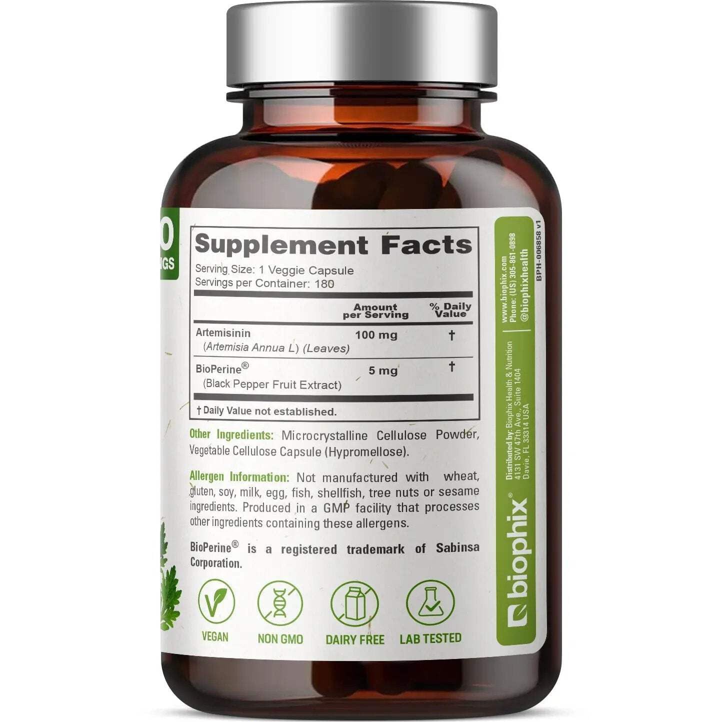 Biophix Artemisinin Supplement + BioPerine 100 mg - Maximum Strength Sweet Wormwood Extract - Supports Cellular Health, Antioxidant Balance & Immune Function, 180 Capsules