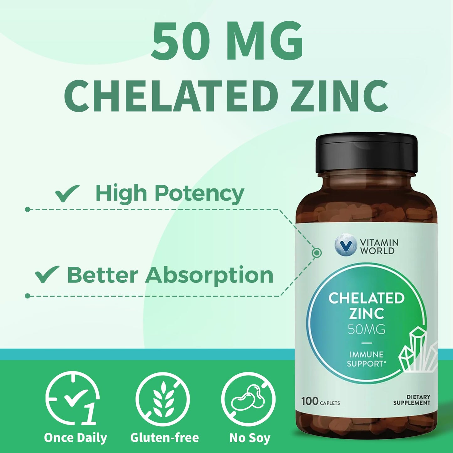 Vitamin World Chelated Zinc 50 mg Caplets, 100