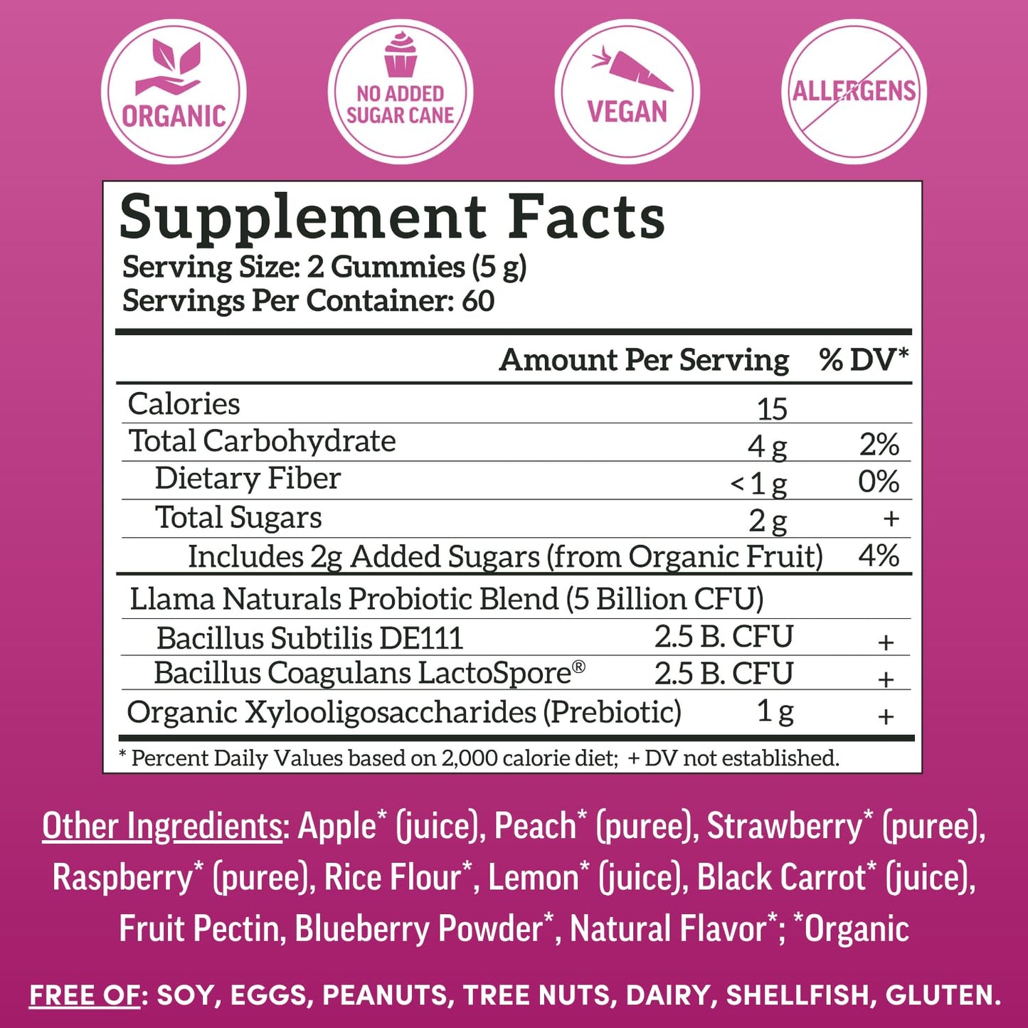 Llama Naturals Probiotics for Women and Men with Prebiotic Fiber Real Fruit Gummies, 120 Count