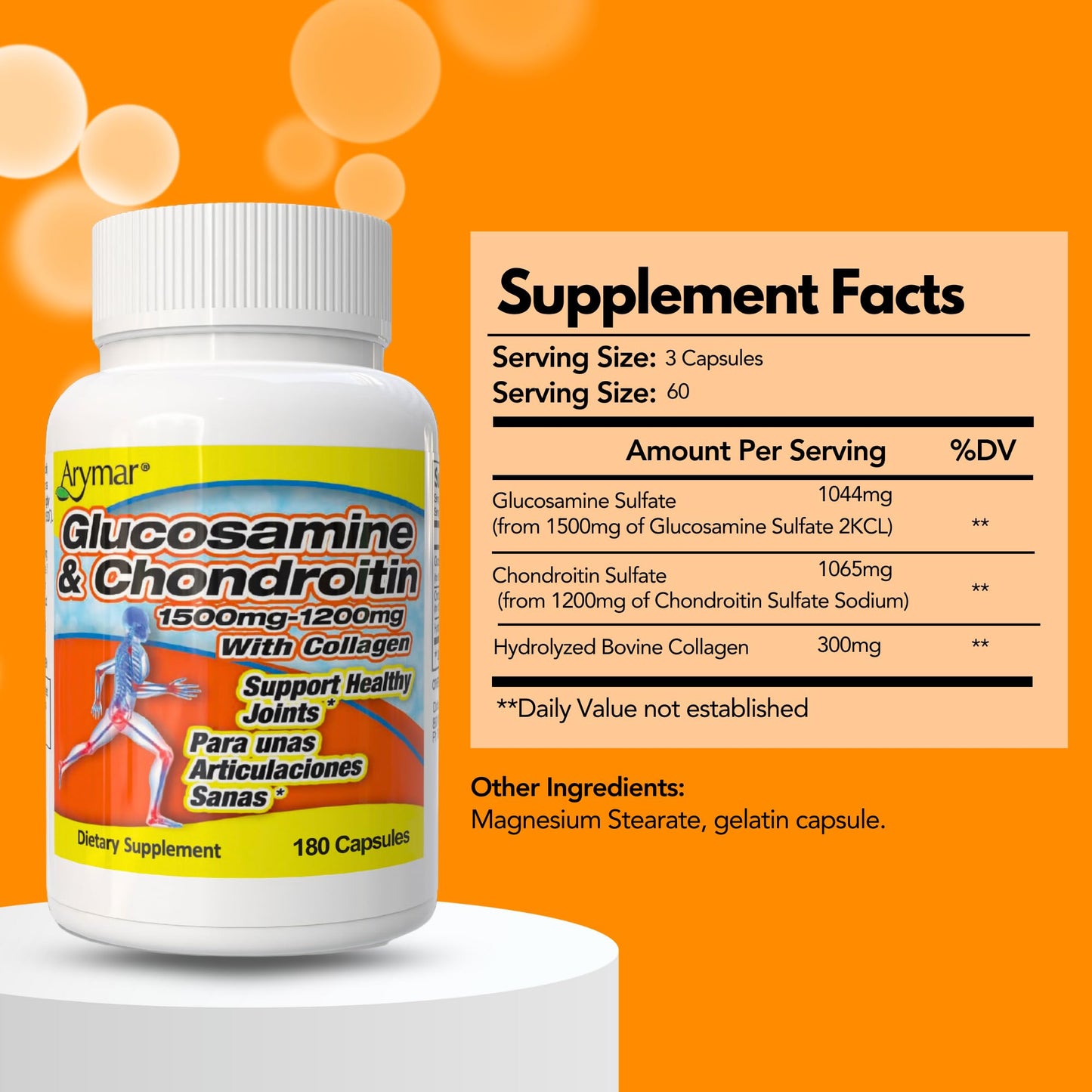 Arymar Glucosamine 1500 mg and Chondroitin 1200 mg with Collagen Joint Health Supplement Capsules, 90 Count