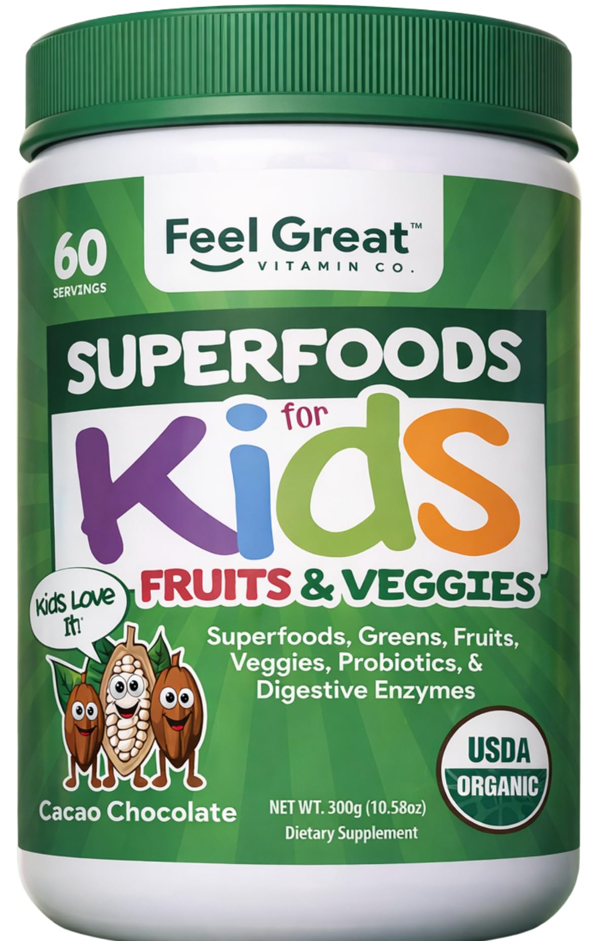 The Feel Great Vitamin Company Feel Great USDA Organic Super Greens Powder for Kids - Cocao Chocolate, 10.6 oz