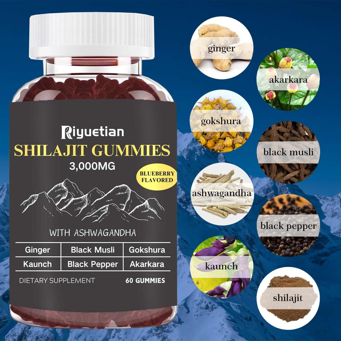 Riyuetian Pure Himalayan Gold Shilajit Gummies 60 Count