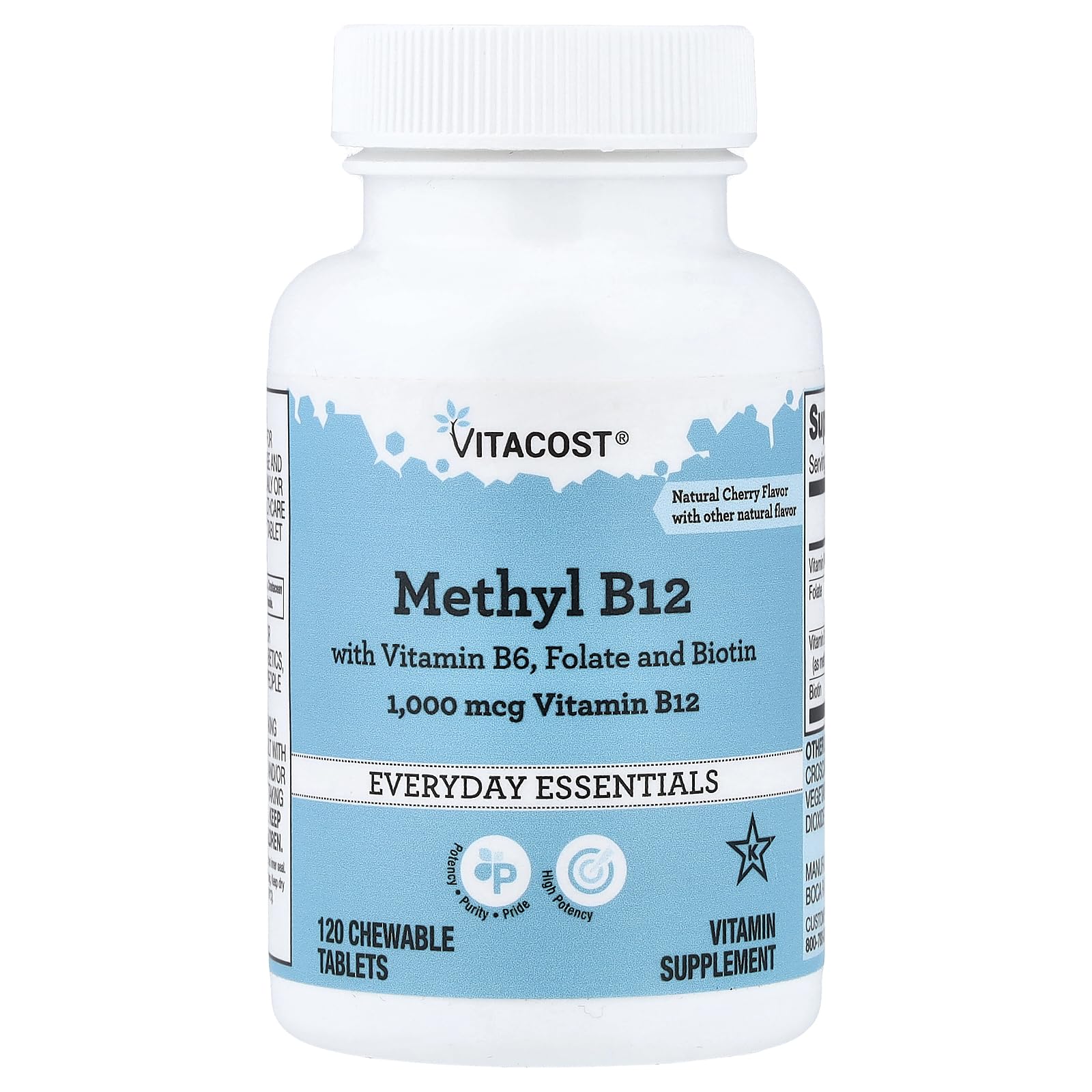 Vitacost Methyl B12 with Vitamin B6, Folate and Biotin, Natural Cherry Chewable, 120 Tablets