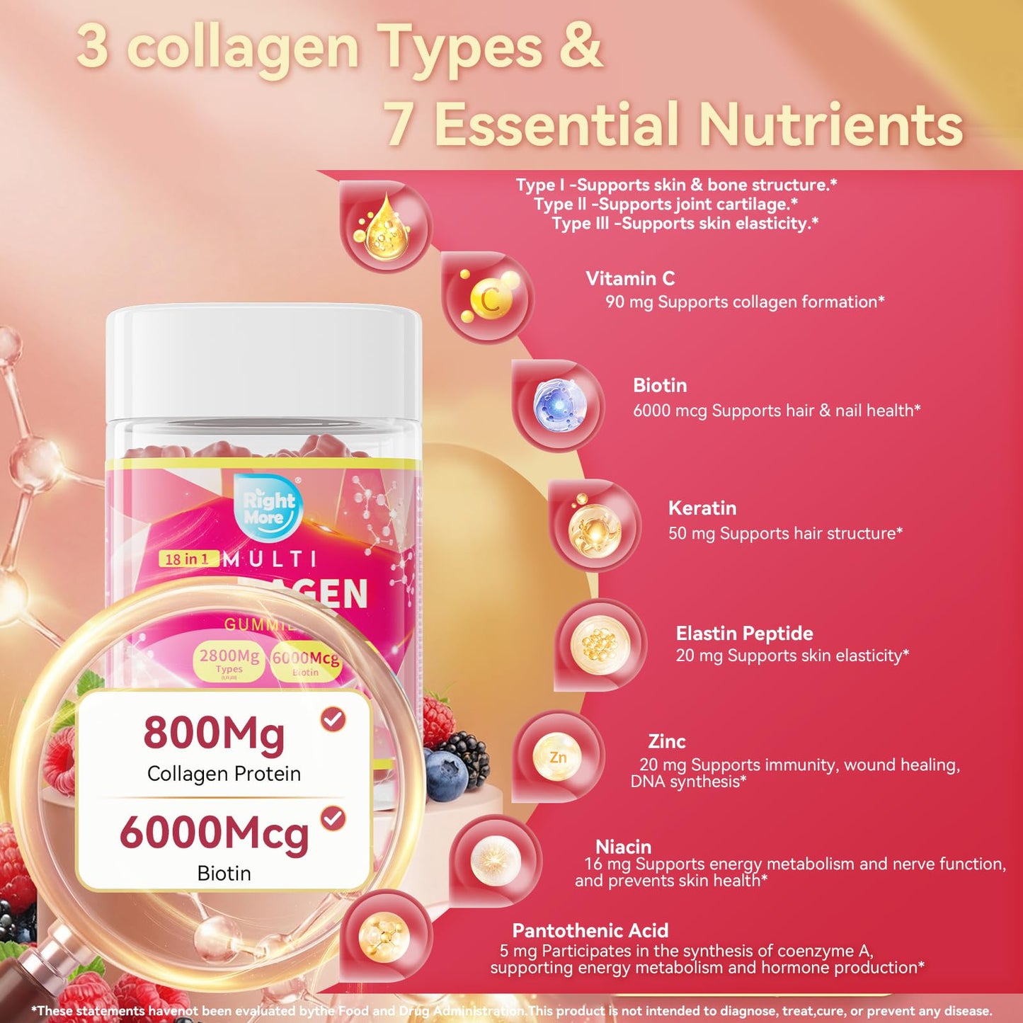 Right More 18-in-1 Collagen Gummies – Multivitamin Biotin 6000mcg Zinc Hyaluronic Acid for Skin Hair Nails – Mixed Berry, 60 Gummies