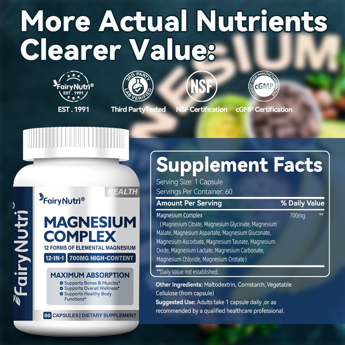 Fairynutri Magnesium Complex Supplement Capsules, 60 Count