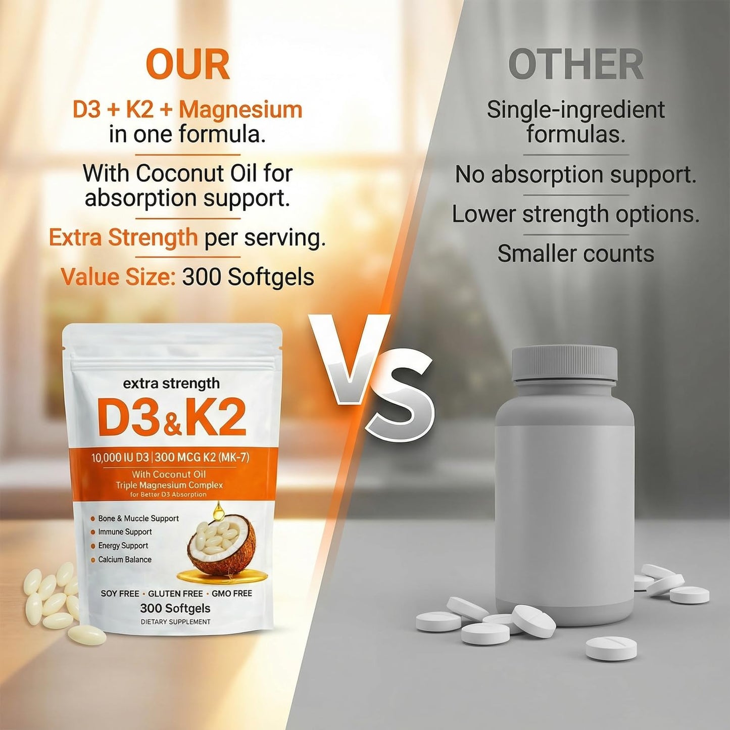 Megacephalus Vitamin D3 K2 Magnesium Complex Softgels 300 Count