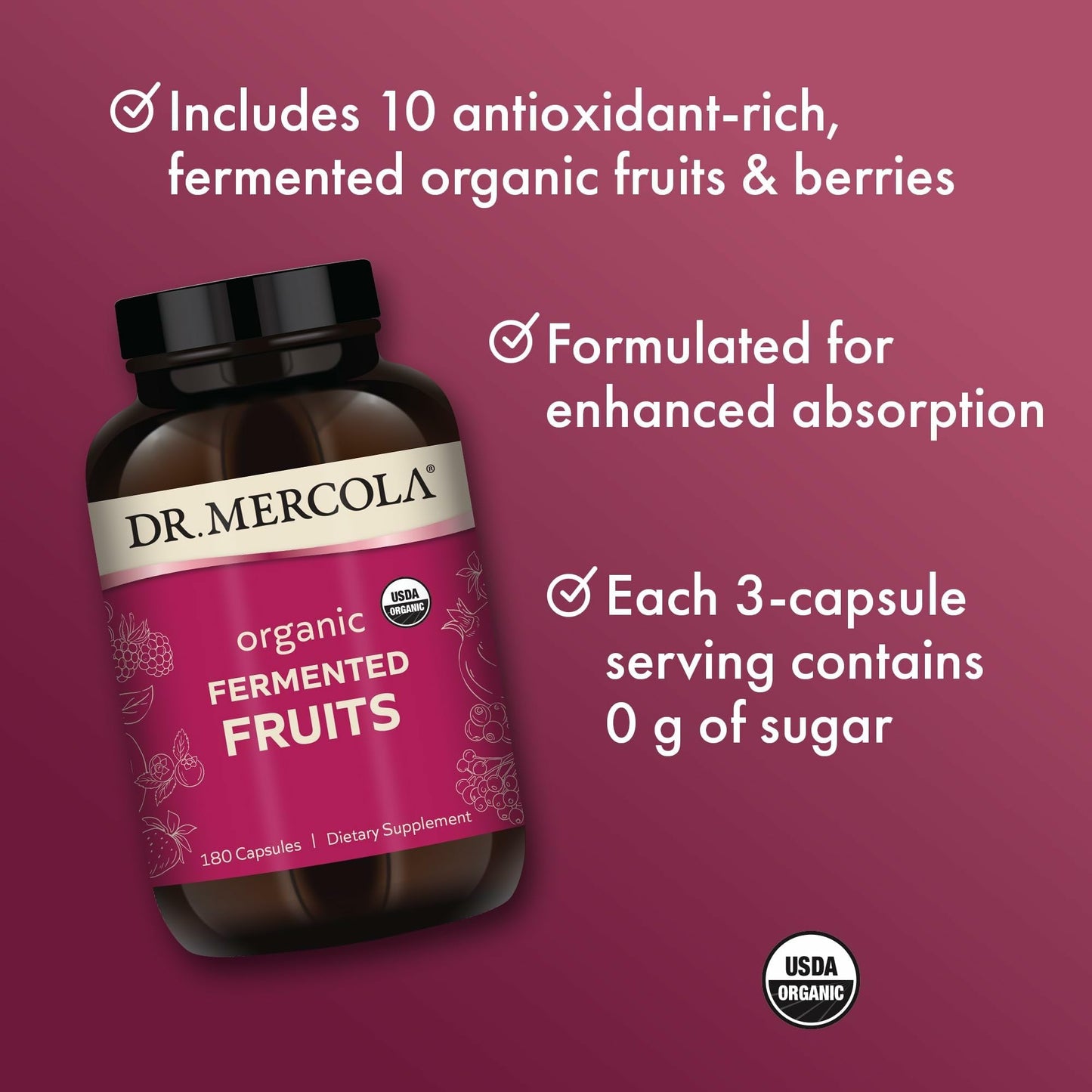 Dr. Mercola Organic Fermented Fruits - Antioxidant Support - Whole Food Berry & Fruit Blend - Zero Sugar - Non-GMO - Gluten-Free 180 Capsules