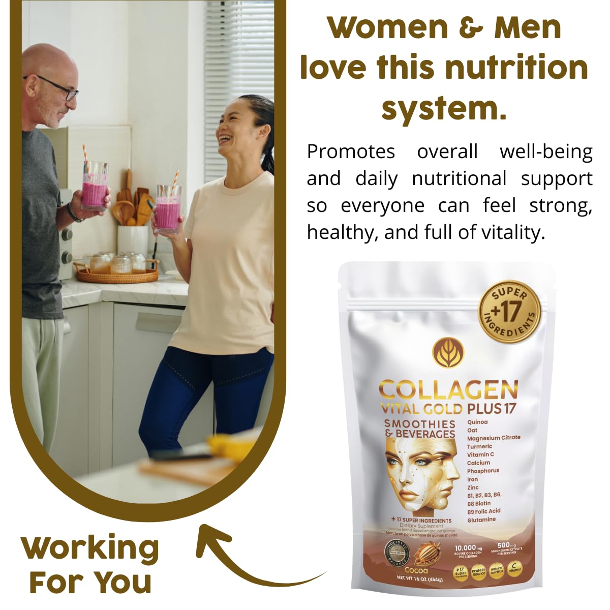 Gold Vital Life Collagen Peptides Powder - Hydrolyzed Collagen with +17 Super Ingredients, 1 lb Cocoa Flavor, Supplement for Healthy Hair, Skin, Nails, Bones, Joints, Collagen for Women & Men, 16 Servings