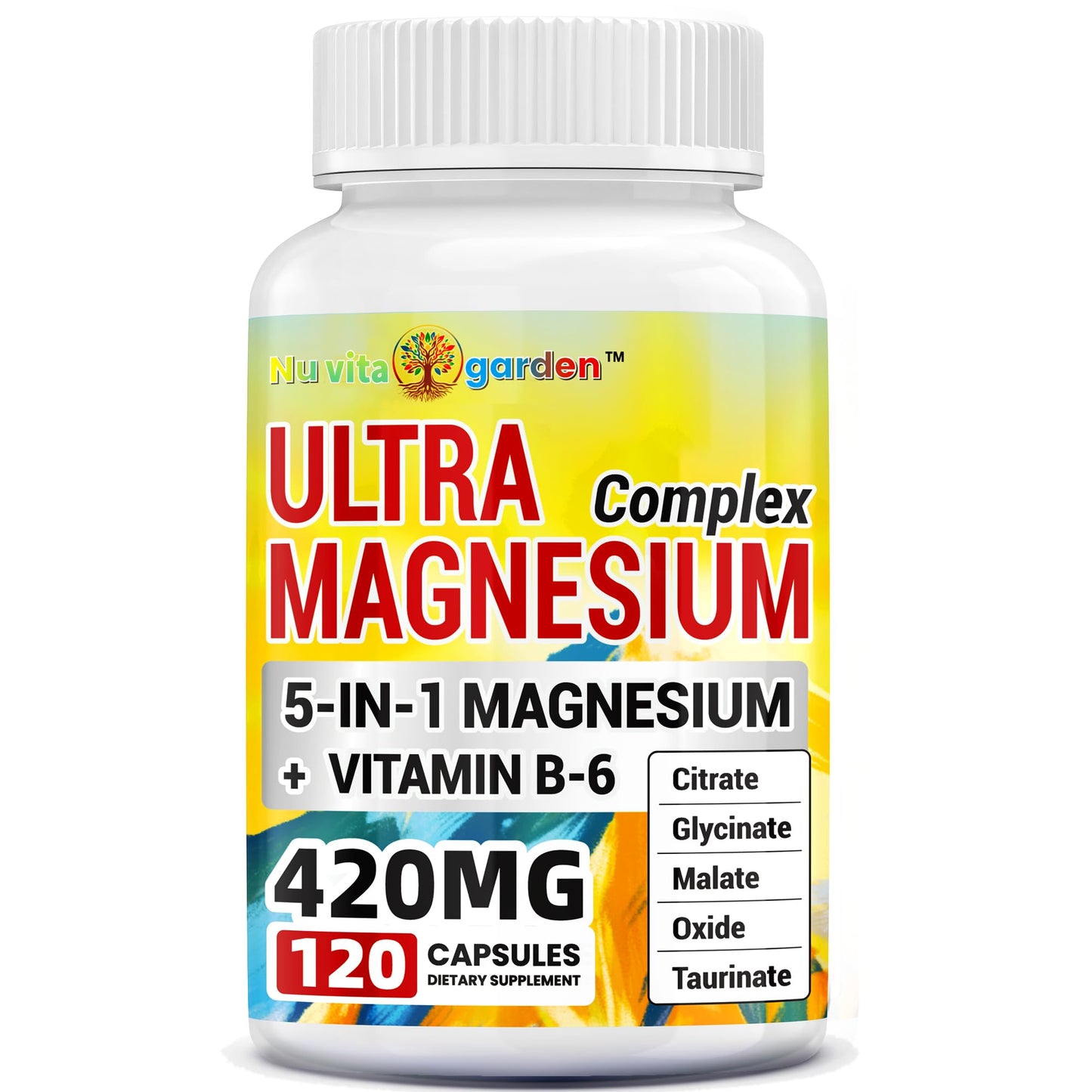 NoMiLu 5-in-1 Magnesium Complex Supplement + Vitamin B6 - Maximum Absorption, 120 Capsules