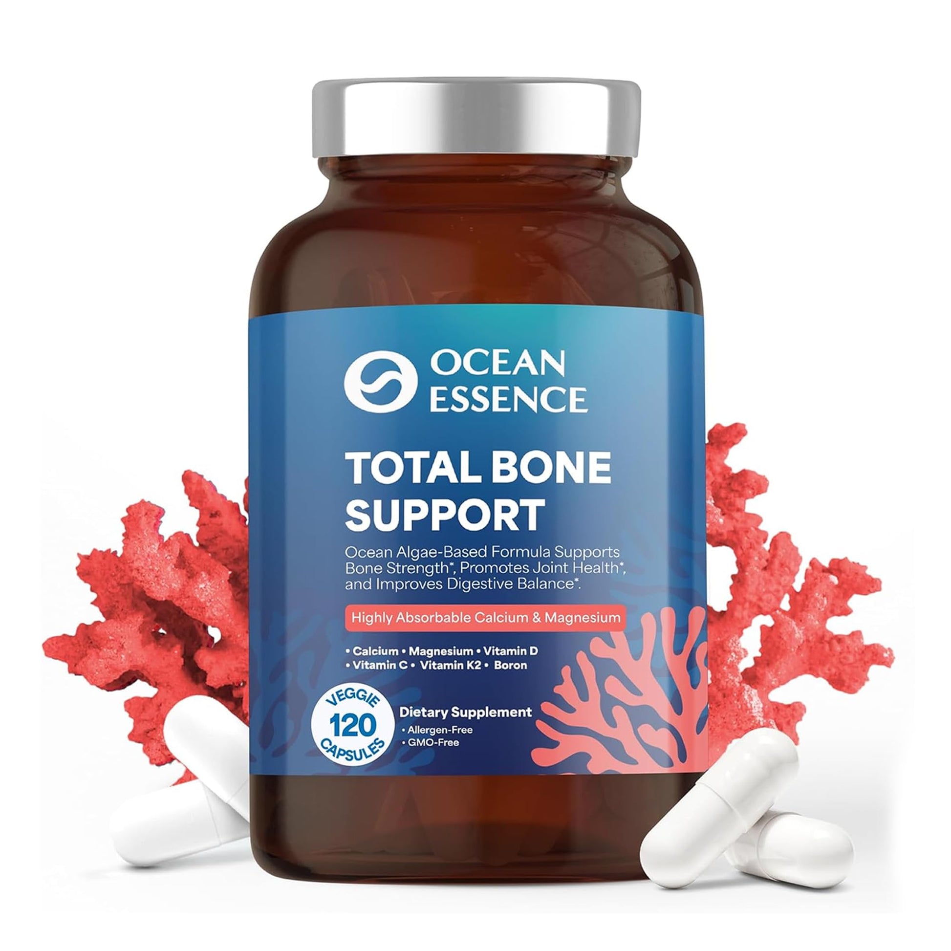 OCEAN ESSENCE Total Bone Support Plant-Based Algae Calcium Supplement for Bone Density & Strength for Men & Women 35+ 120 Capsules